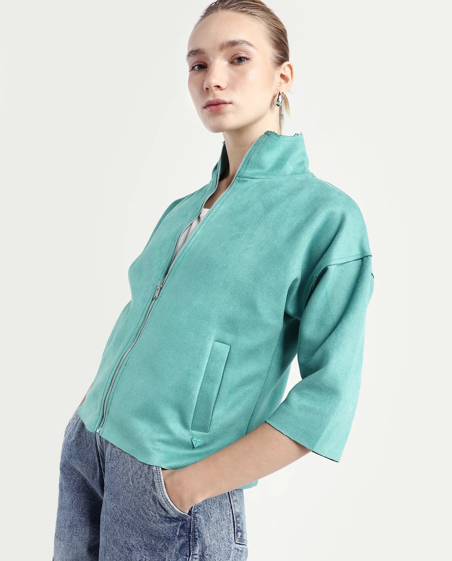 Rareism Women's Vasu 2 Light Blue Polyester Blend Stand Collar Plain Boxy Fit Jacket