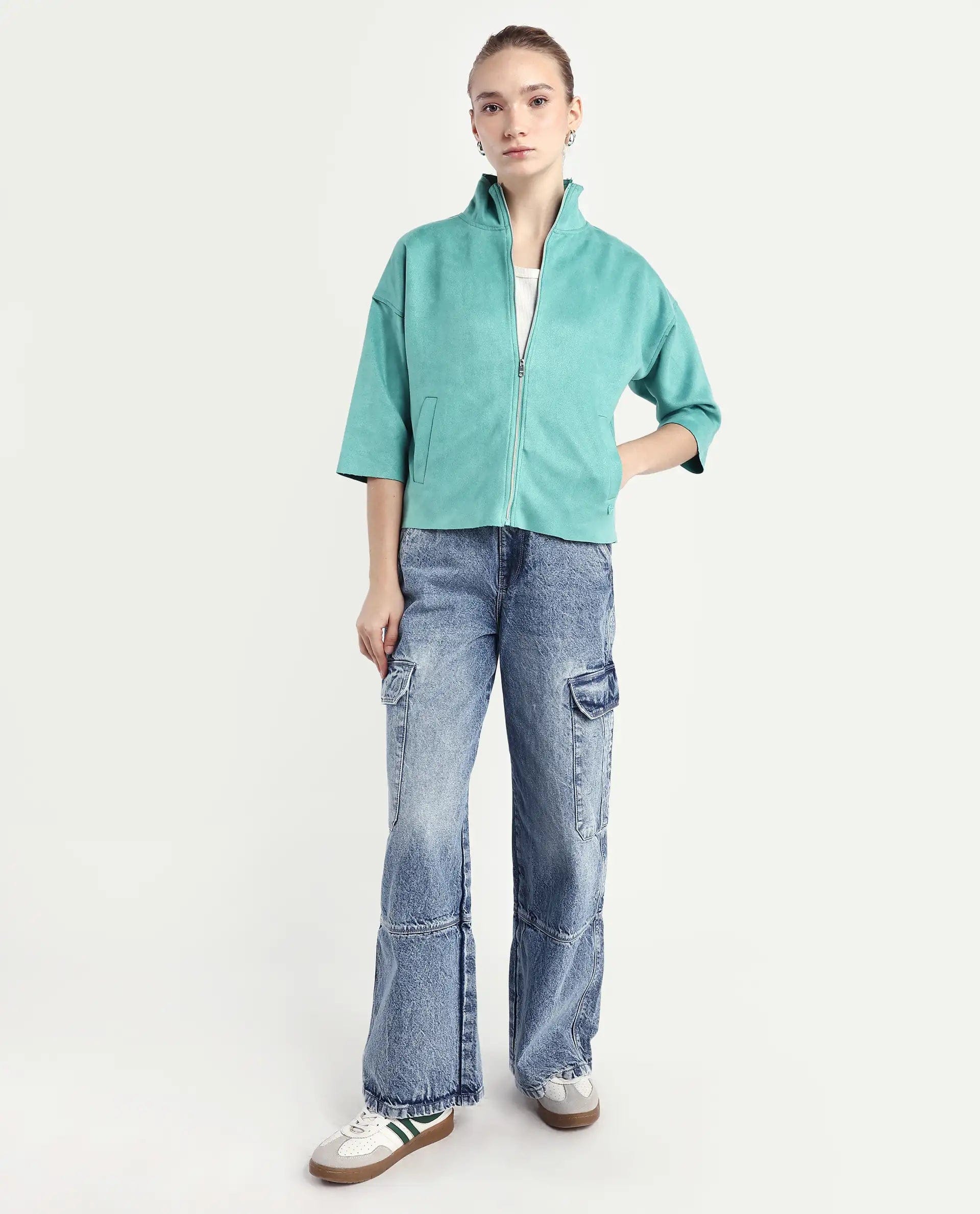 Rareism Women's Vasu 2 Light Blue Polyester Blend Stand Collar Plain Boxy Fit Jacket