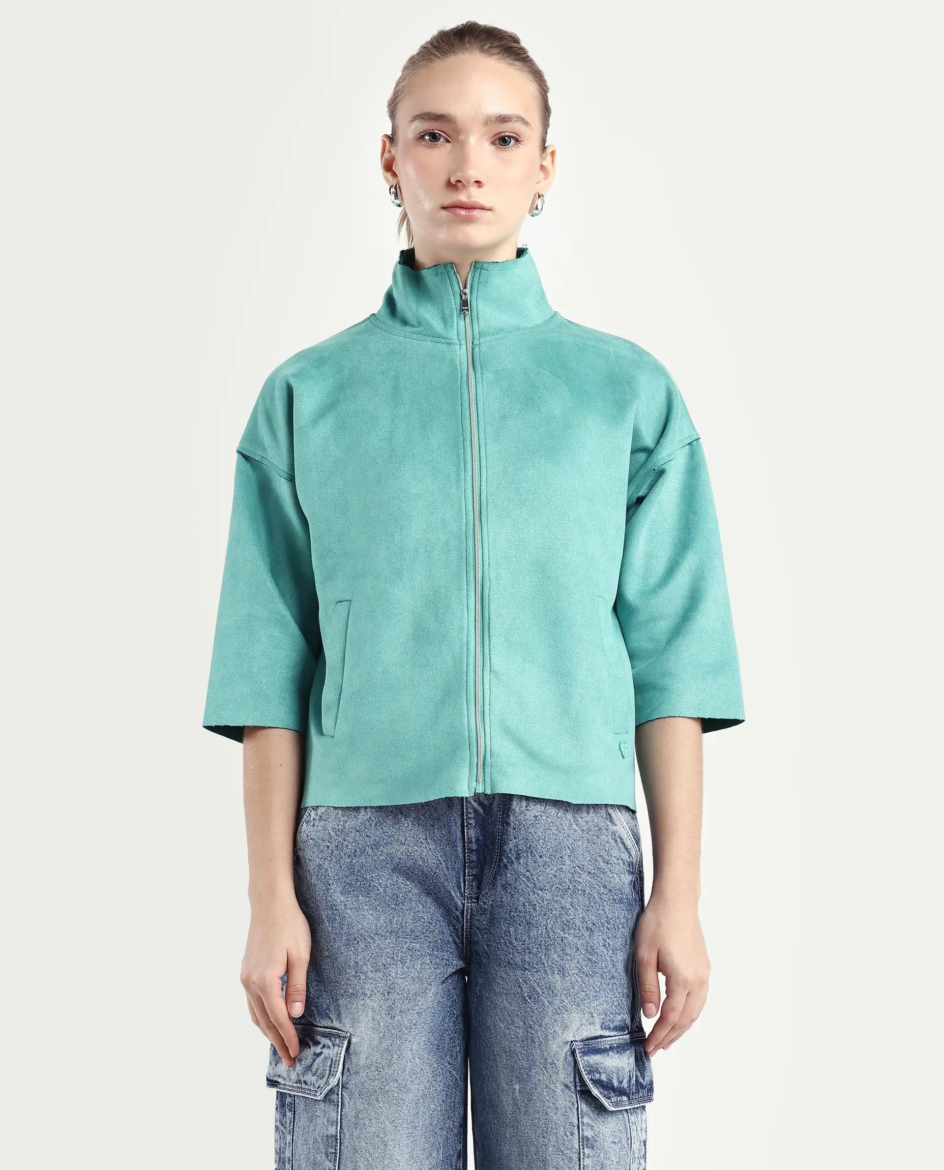 Rareism Women's Vasu 2 Light Blue Polyester Blend Stand Collar Plain Boxy Fit Jacket