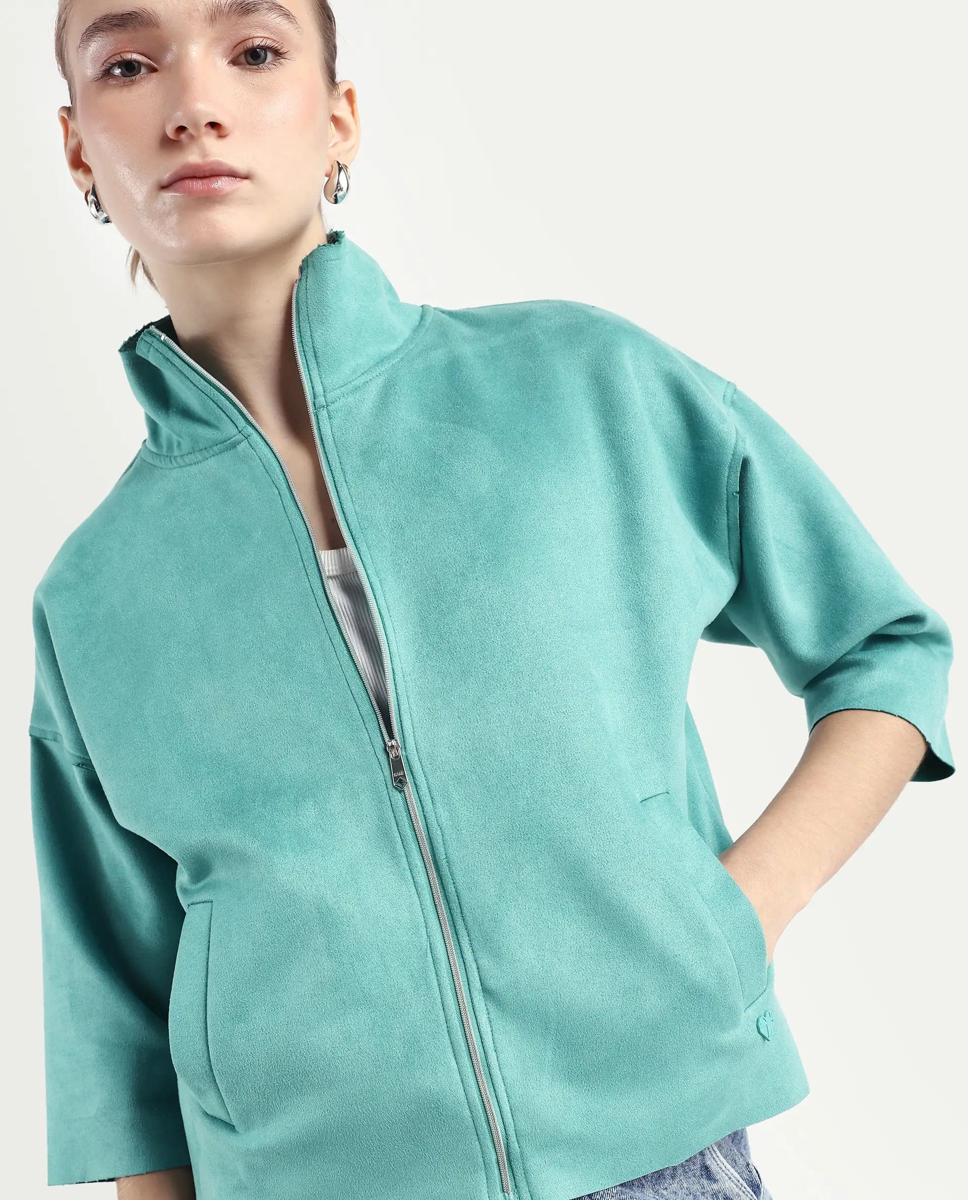 Rareism Women's Vasu 2 Light Blue Polyester Blend Stand Collar Plain Boxy Fit Jacket