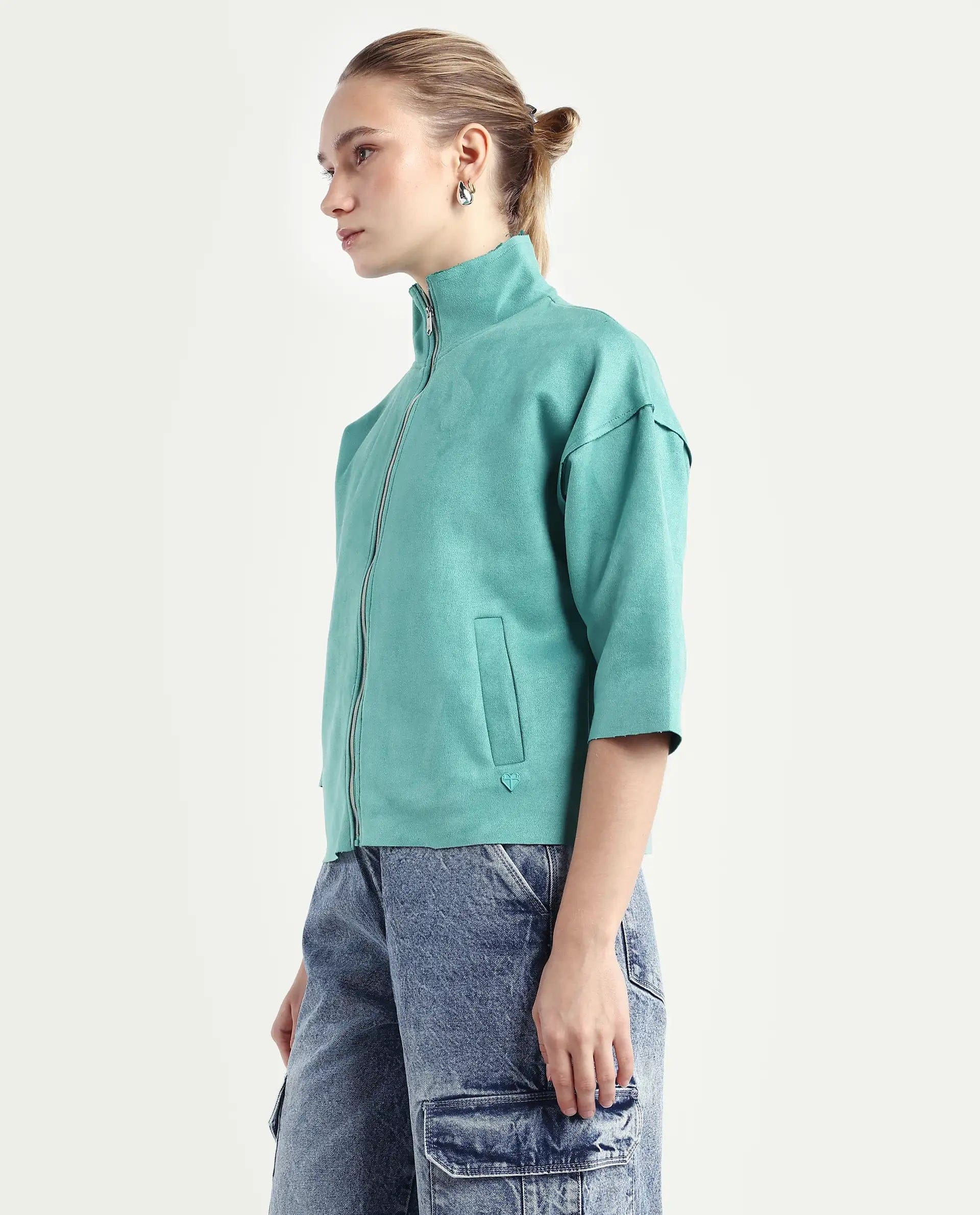 Rareism Women's Vasu 2 Light Blue Polyester Blend Stand Collar Plain Boxy Fit Jacket