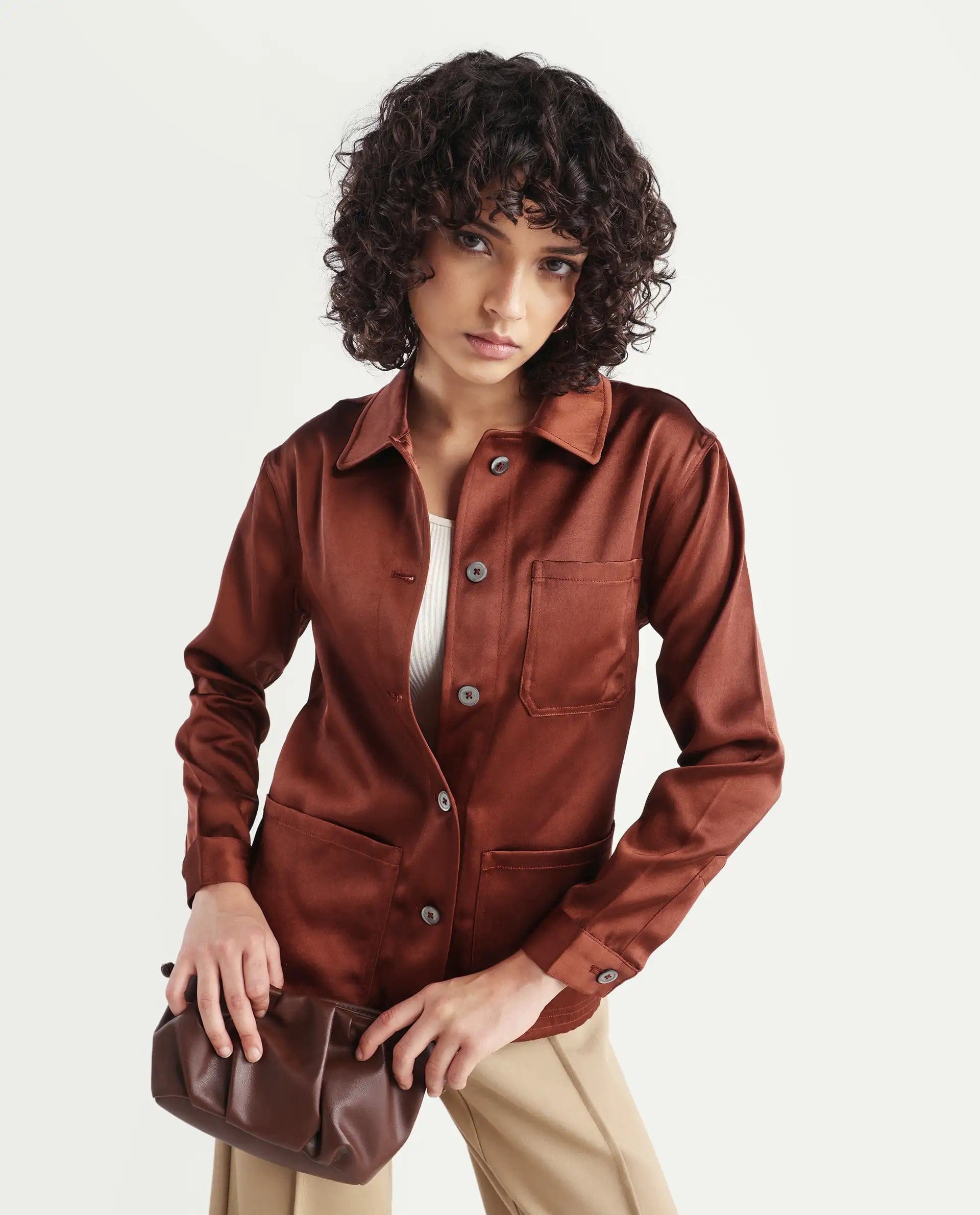 Rareism Women's Elika Brown Polyester Spread Collar Plain Regular Fit Jacket