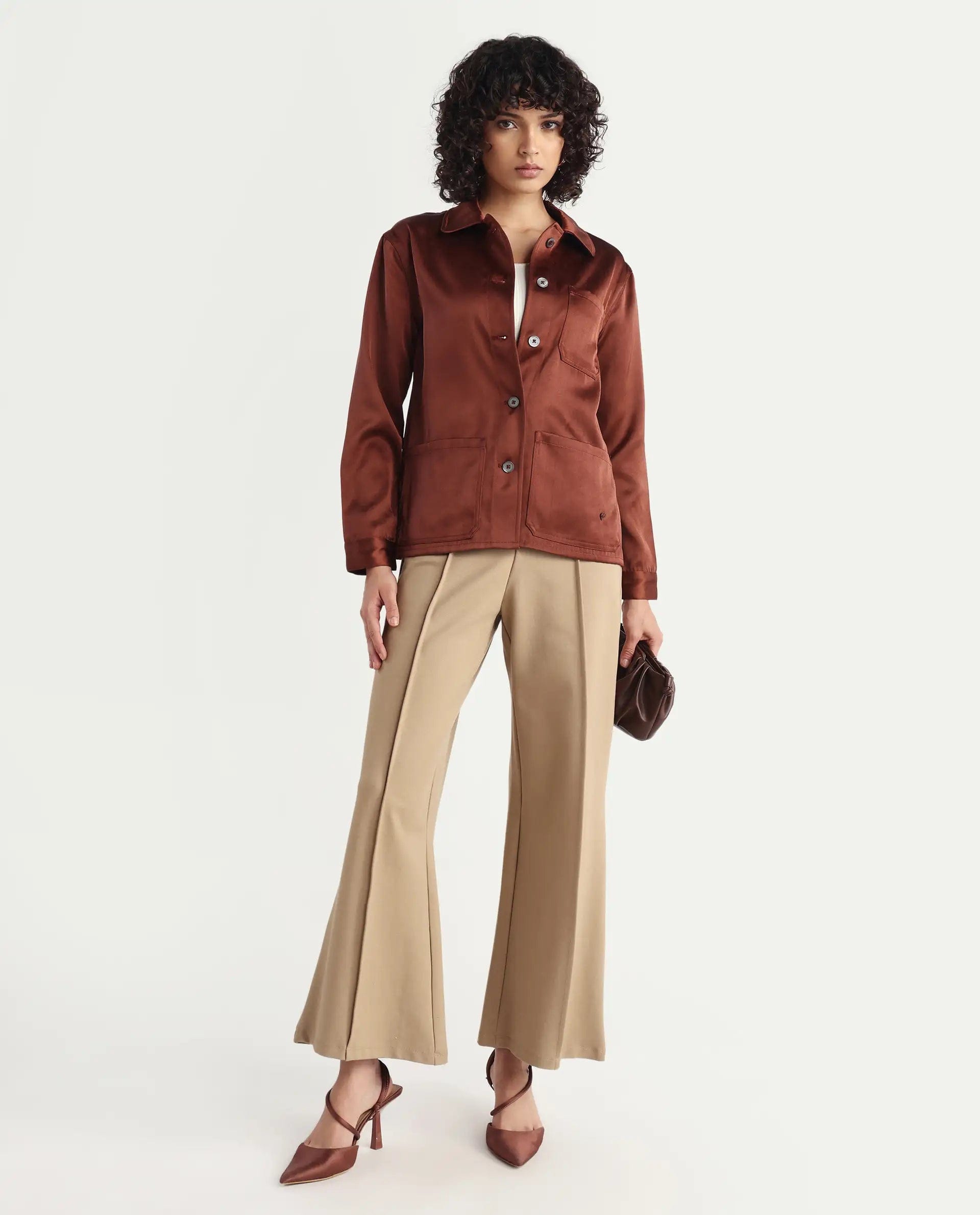 Rareism Women's Elika Brown Polyester Spread Collar Plain Regular Fit Jacket