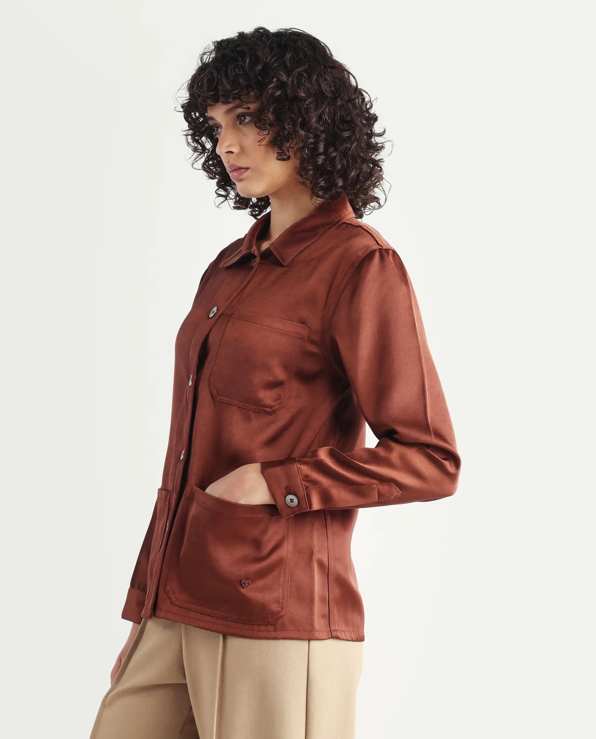 Rareism Women's Elika Brown Polyester Spread Collar Plain Regular Fit Jacket