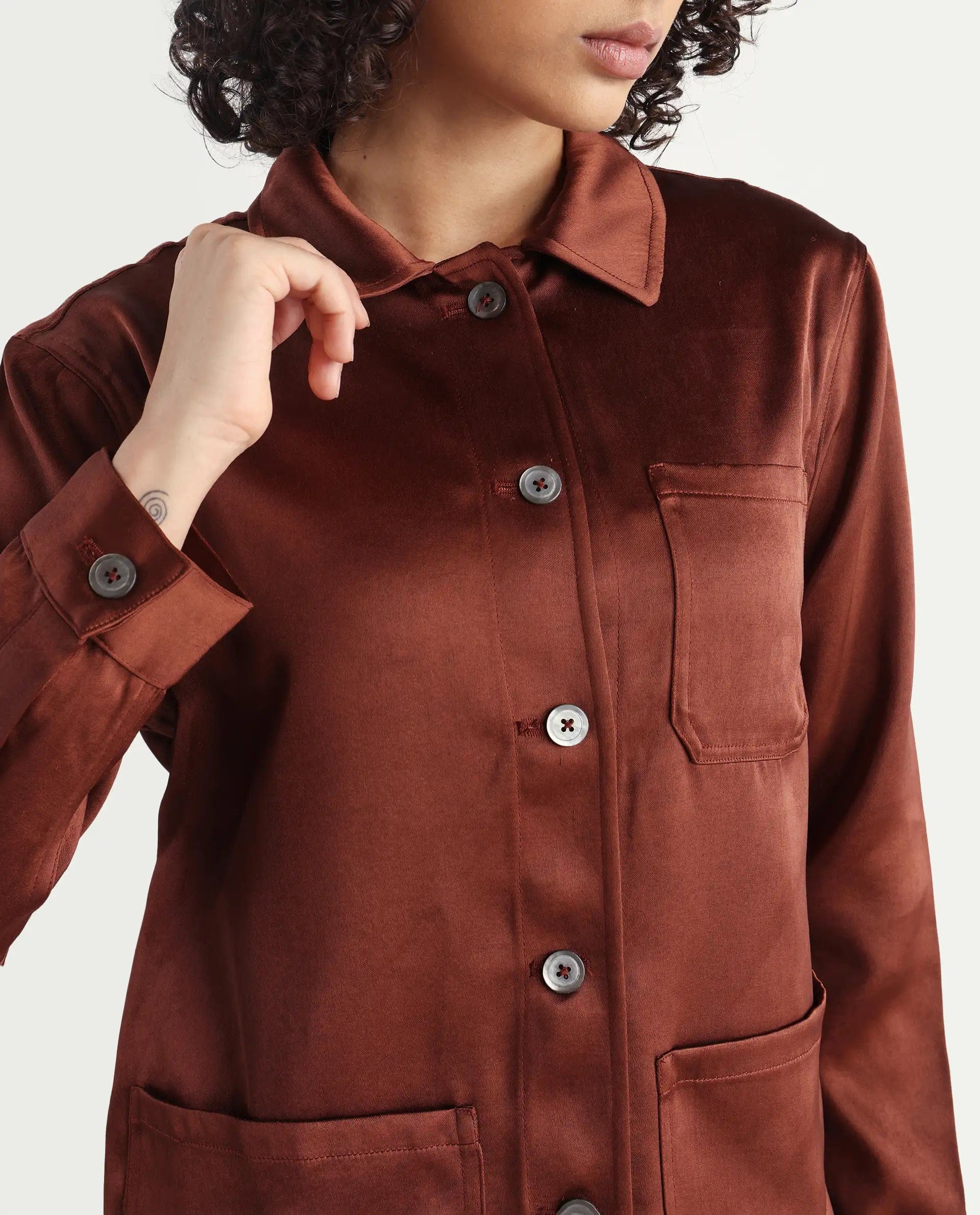 Rareism Women's Elika Brown Polyester Spread Collar Plain Regular Fit Jacket