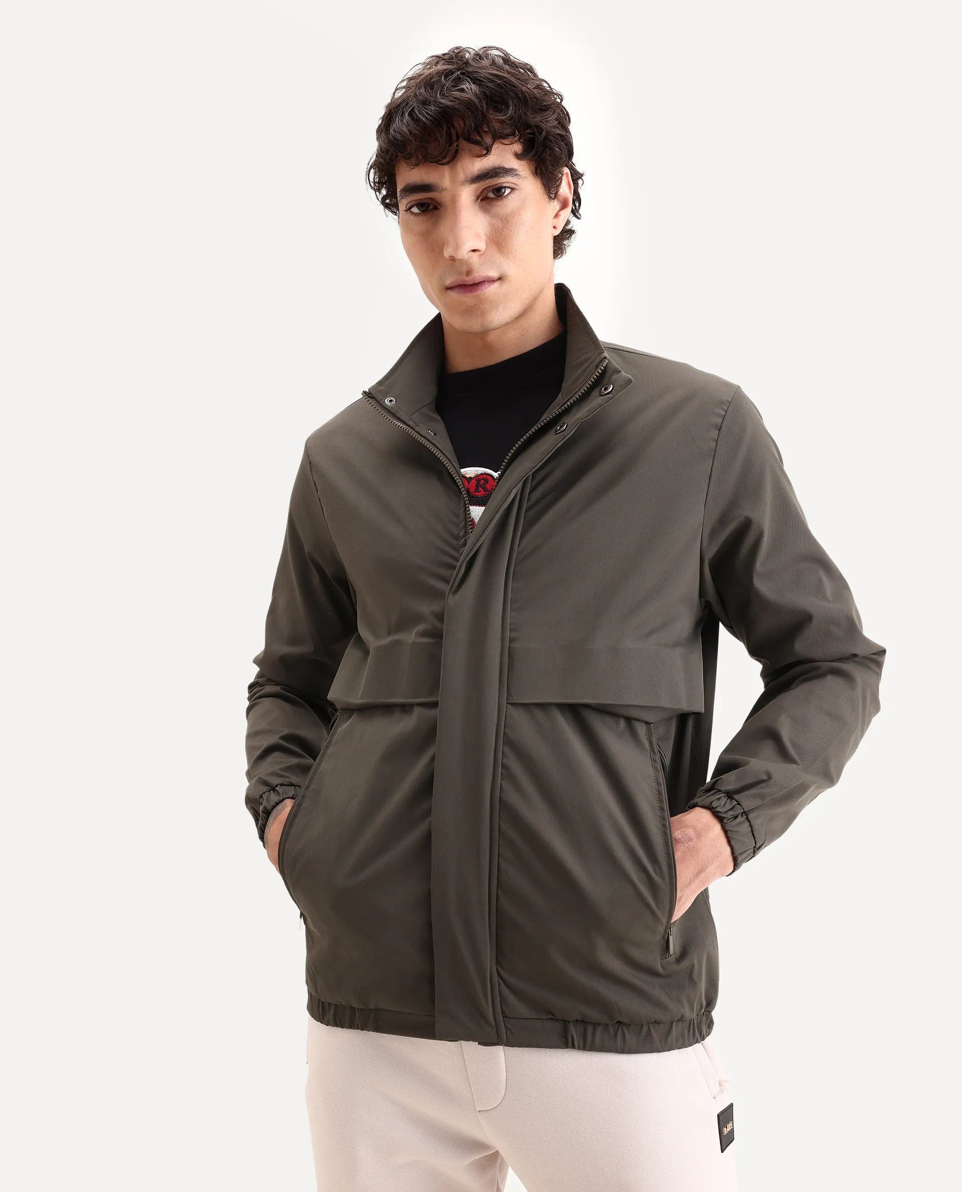RARE Rabbit Men's Tim Olive Polyester Fabric High Neck Regular Fit Plain Jacket