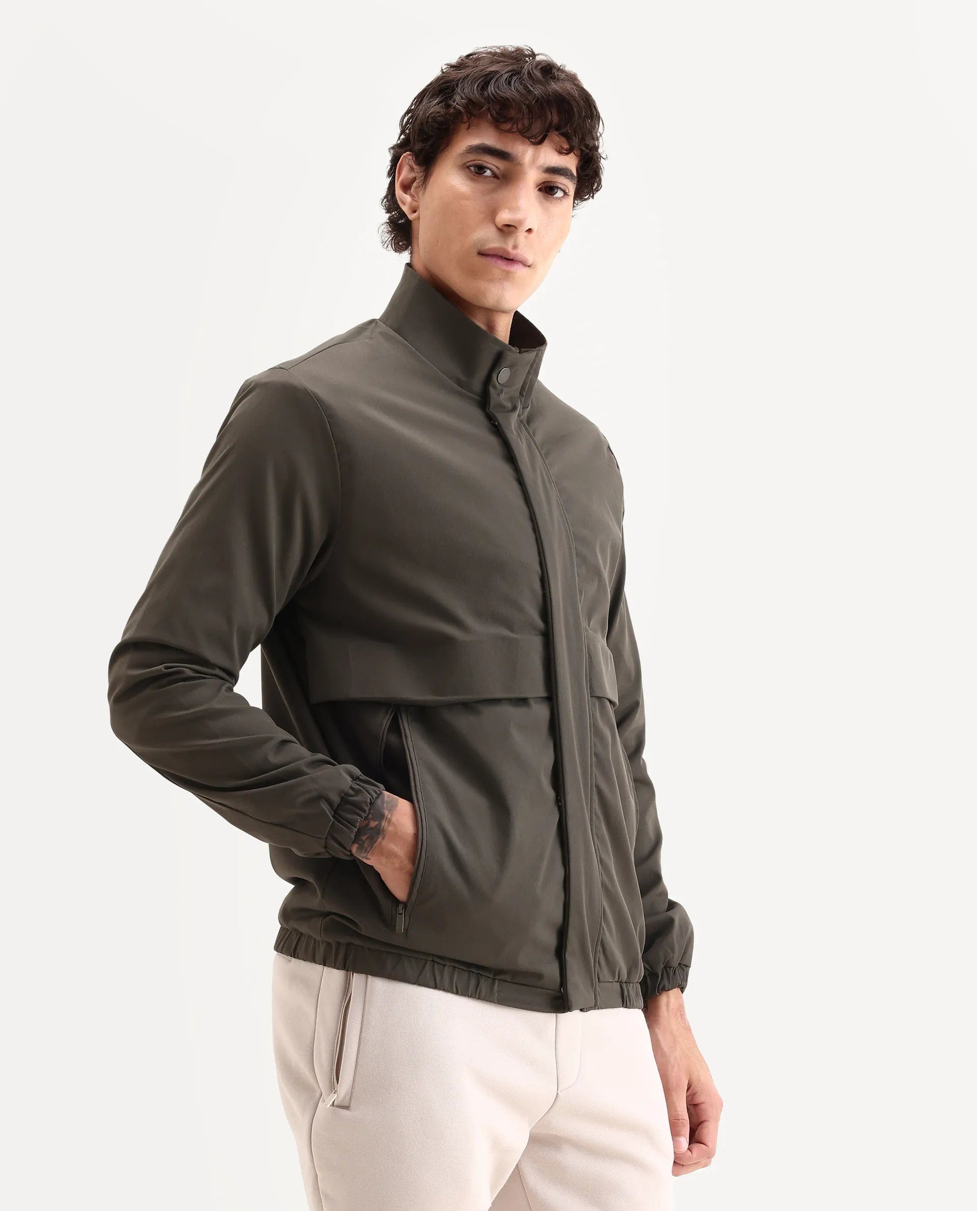 RARE Rabbit Men's Tim Olive Polyester Fabric High Neck Regular Fit Plain Jacket