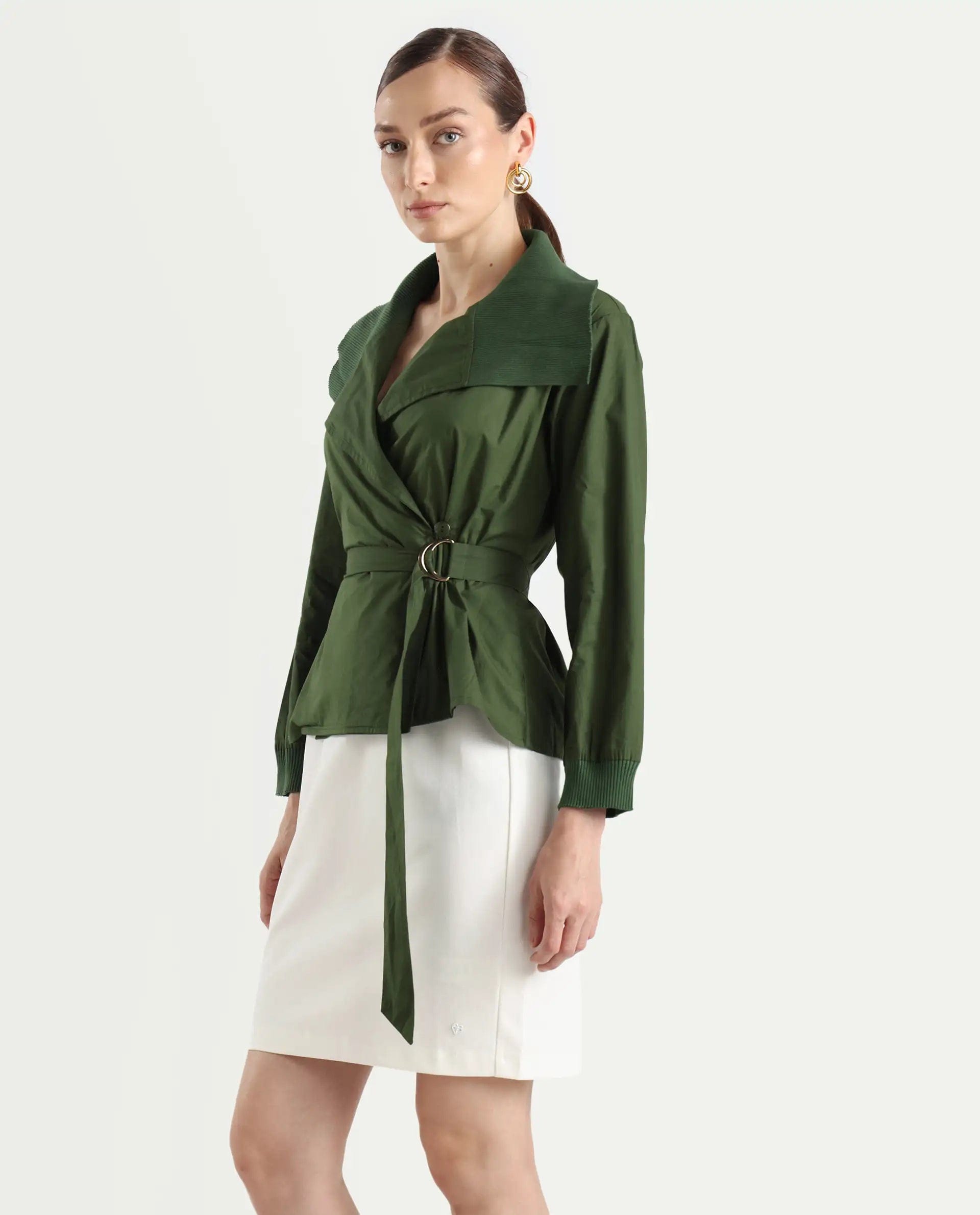 Rareism Women's Tokat Olive Cotton Ribbed Collar Plain Ribbed Sleeve Boxy Fit Jacket