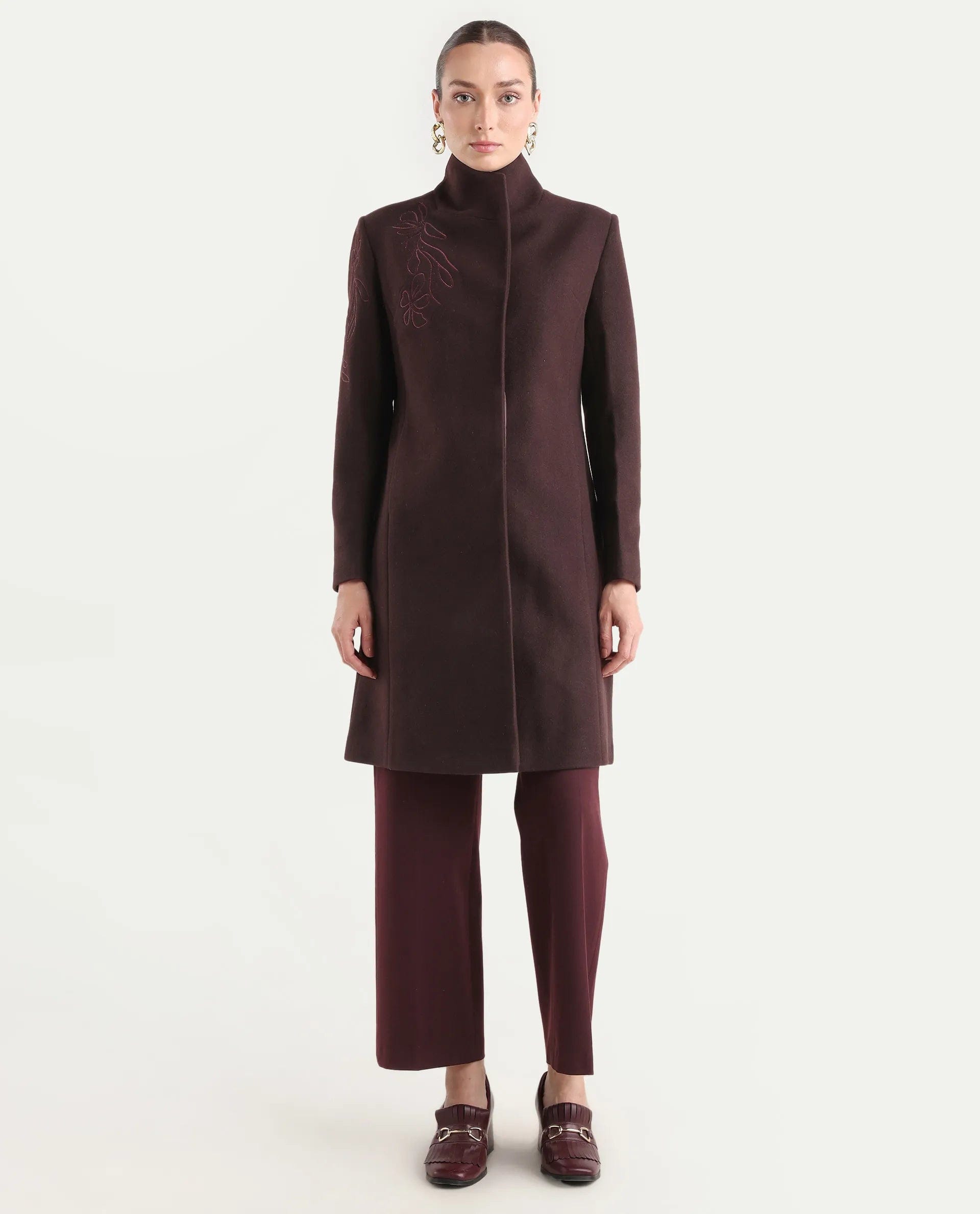 Rareism Women's Monchy Prune Polyester Blend High Neck Regular Fit Coat