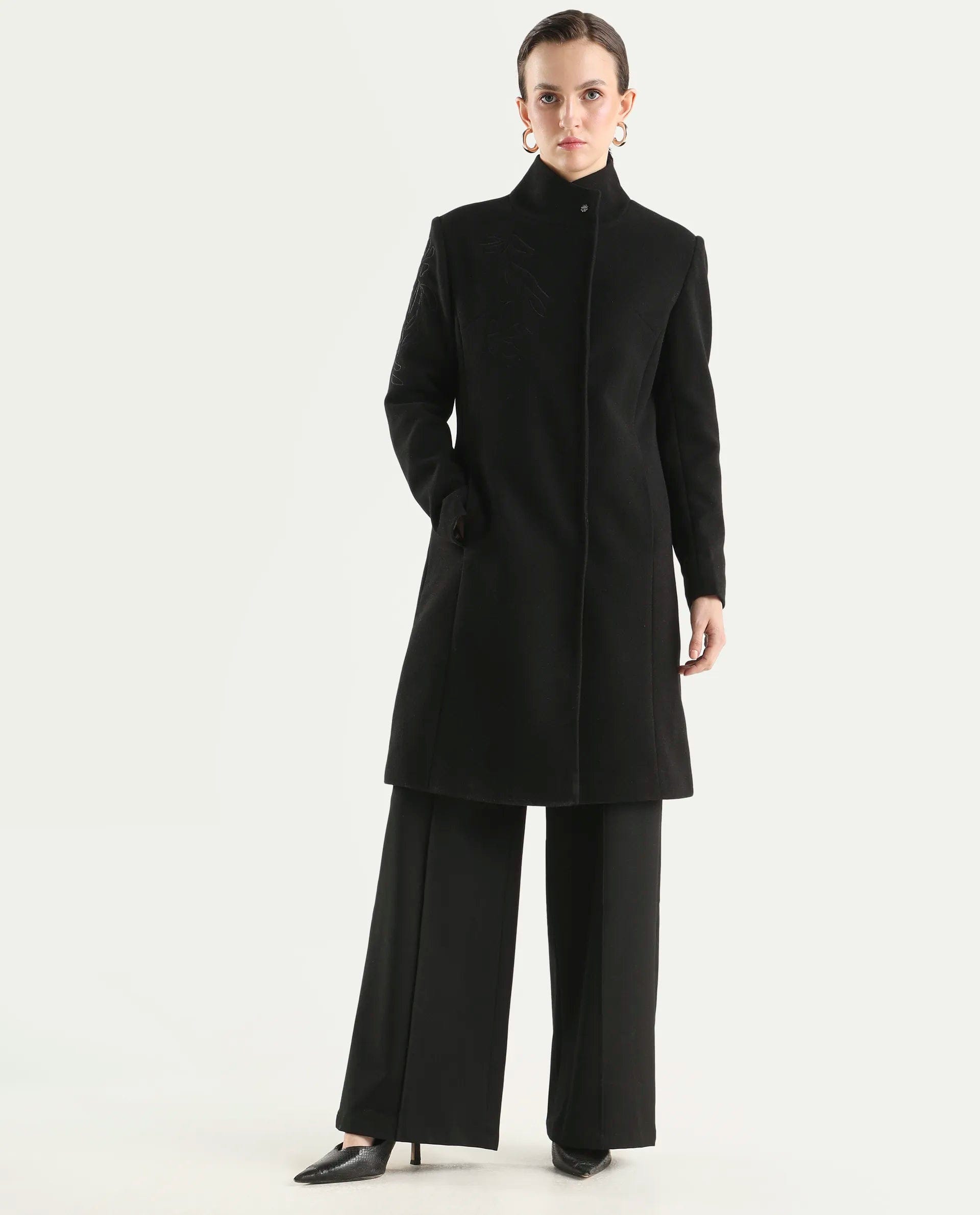 Rareism Women's Monchy Black Polyester Blend High Neck Regular Fit Coat