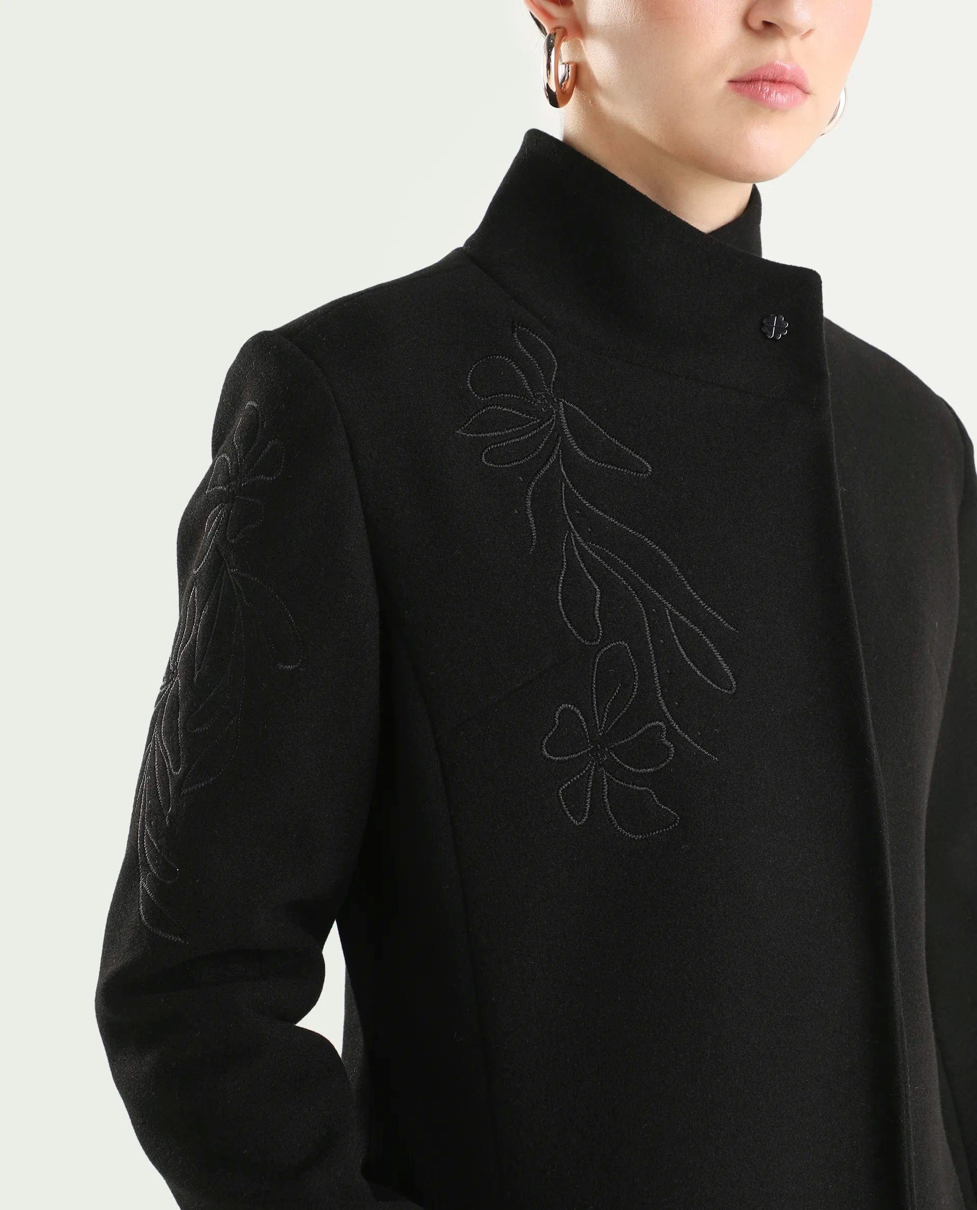 Rareism Women's Monchy Black Polyester Blend High Neck Regular Fit Coat