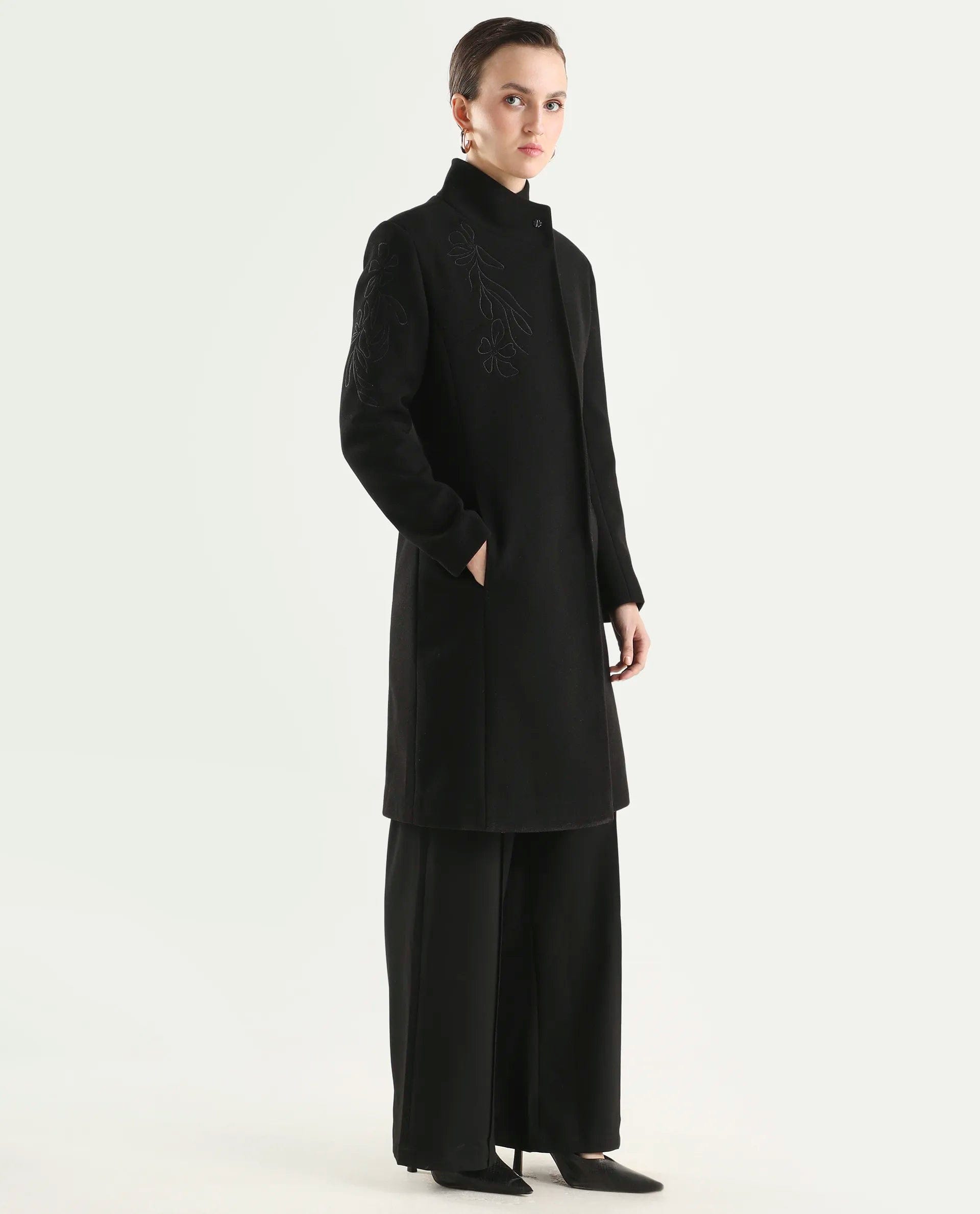 Rareism Women's Monchy Black Polyester Blend High Neck Regular Fit Coat