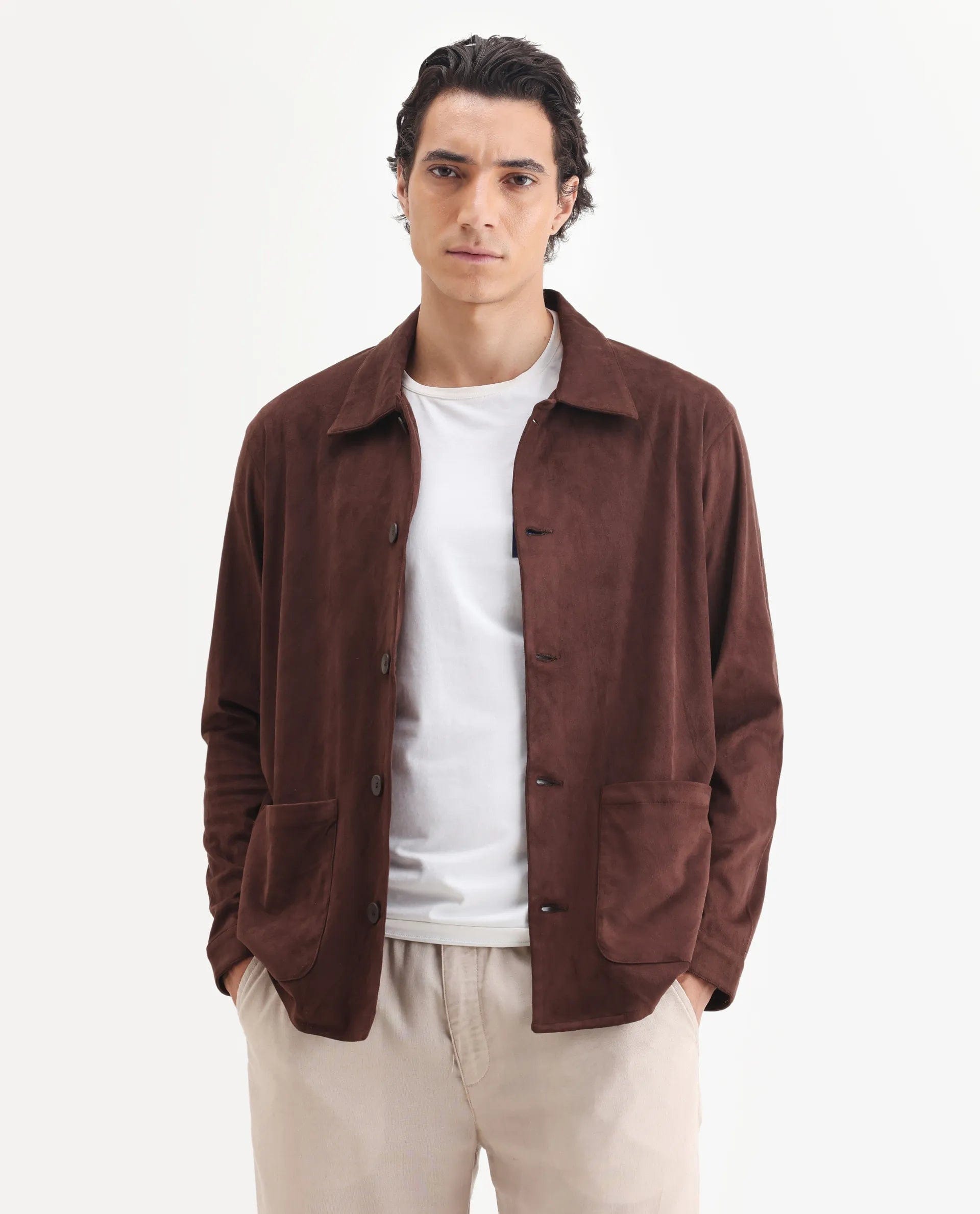 RARE Rabbit Men's Bran Brown Polyester Blend Fabric Collared Neck Regular Fit Plain Jacket