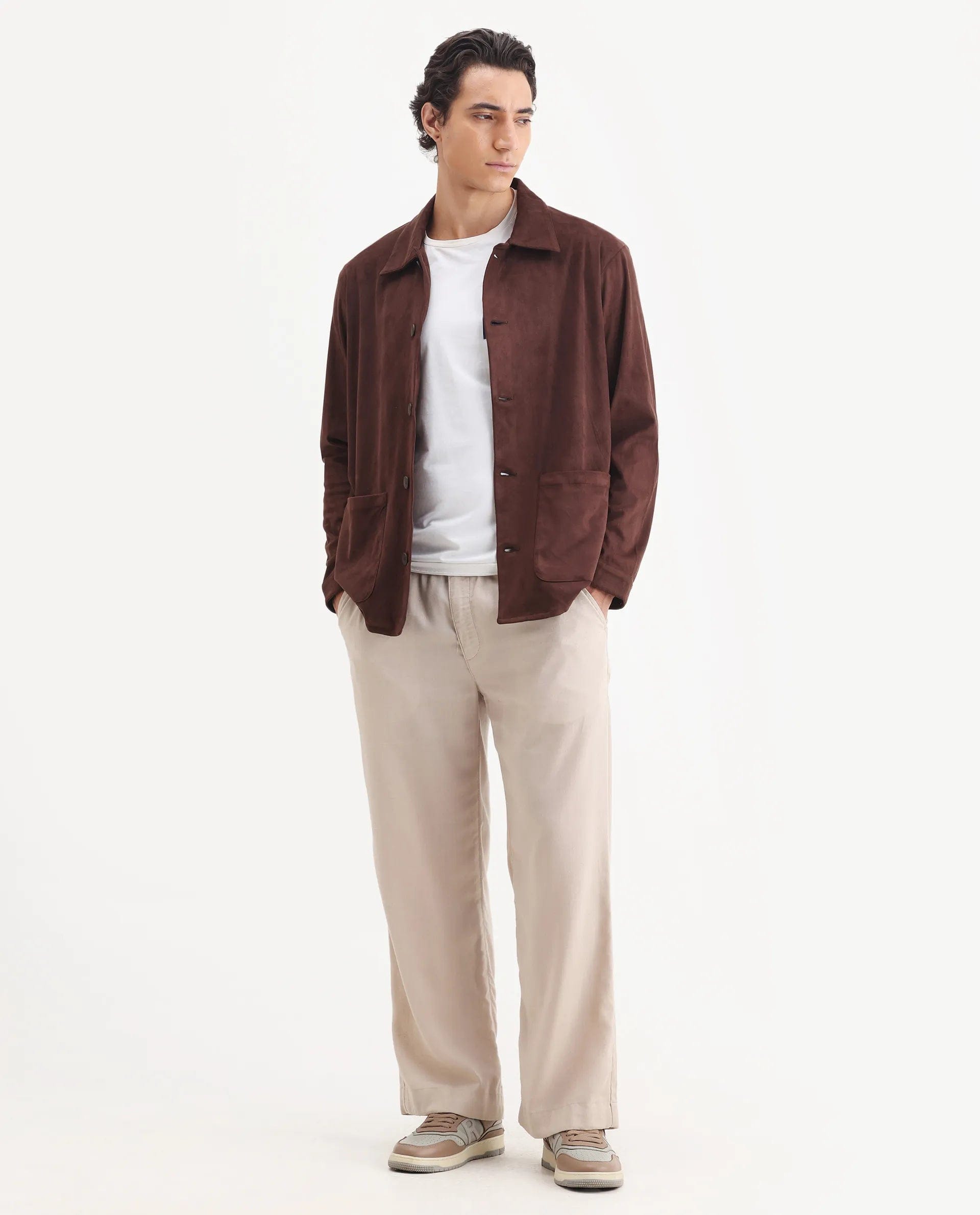 RARE Rabbit Men's Bran Brown Polyester Blend Fabric Collared Neck Regular Fit Plain Jacket