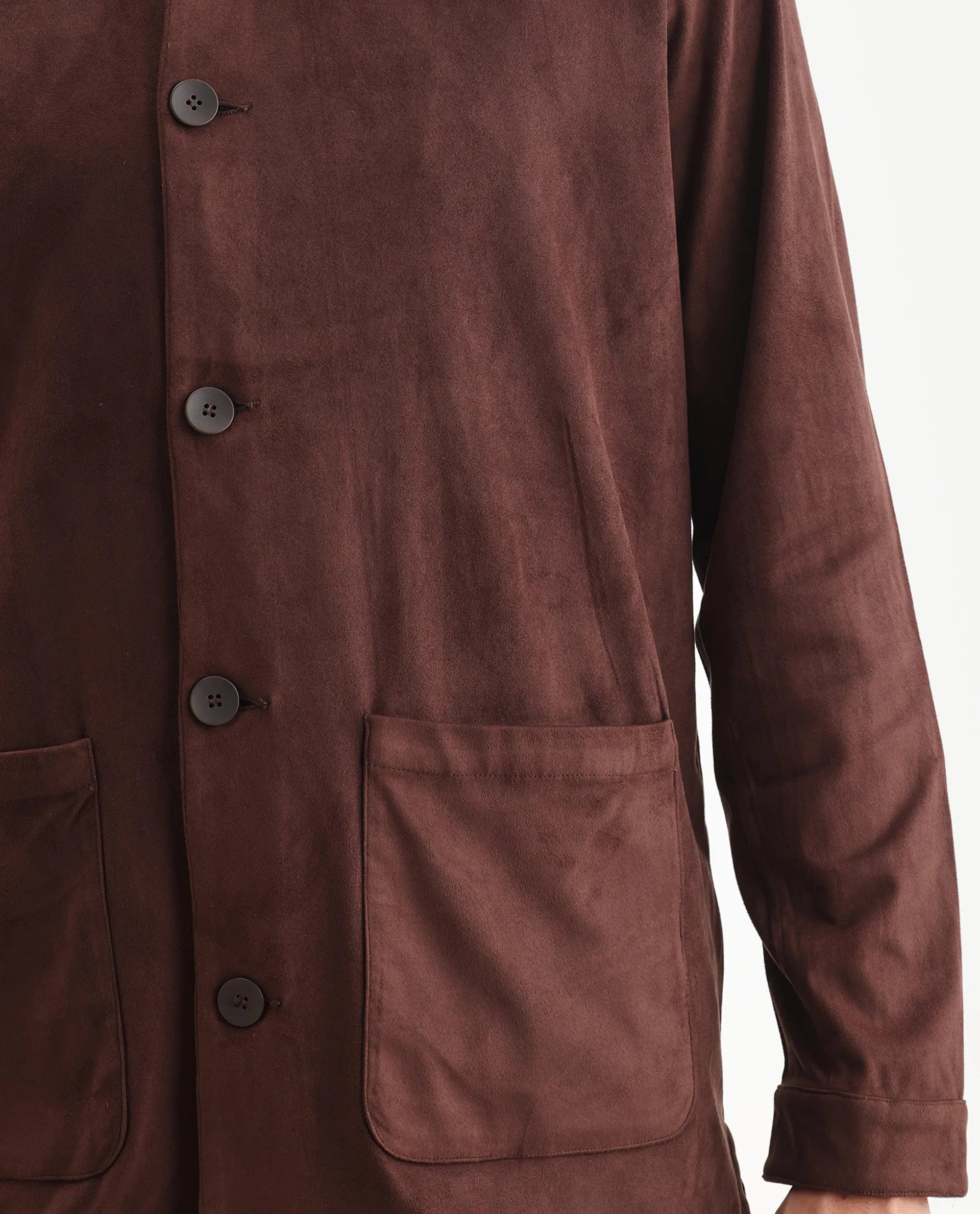 RARE Rabbit Men's Bran Brown Polyester Blend Fabric Collared Neck Regular Fit Plain Jacket