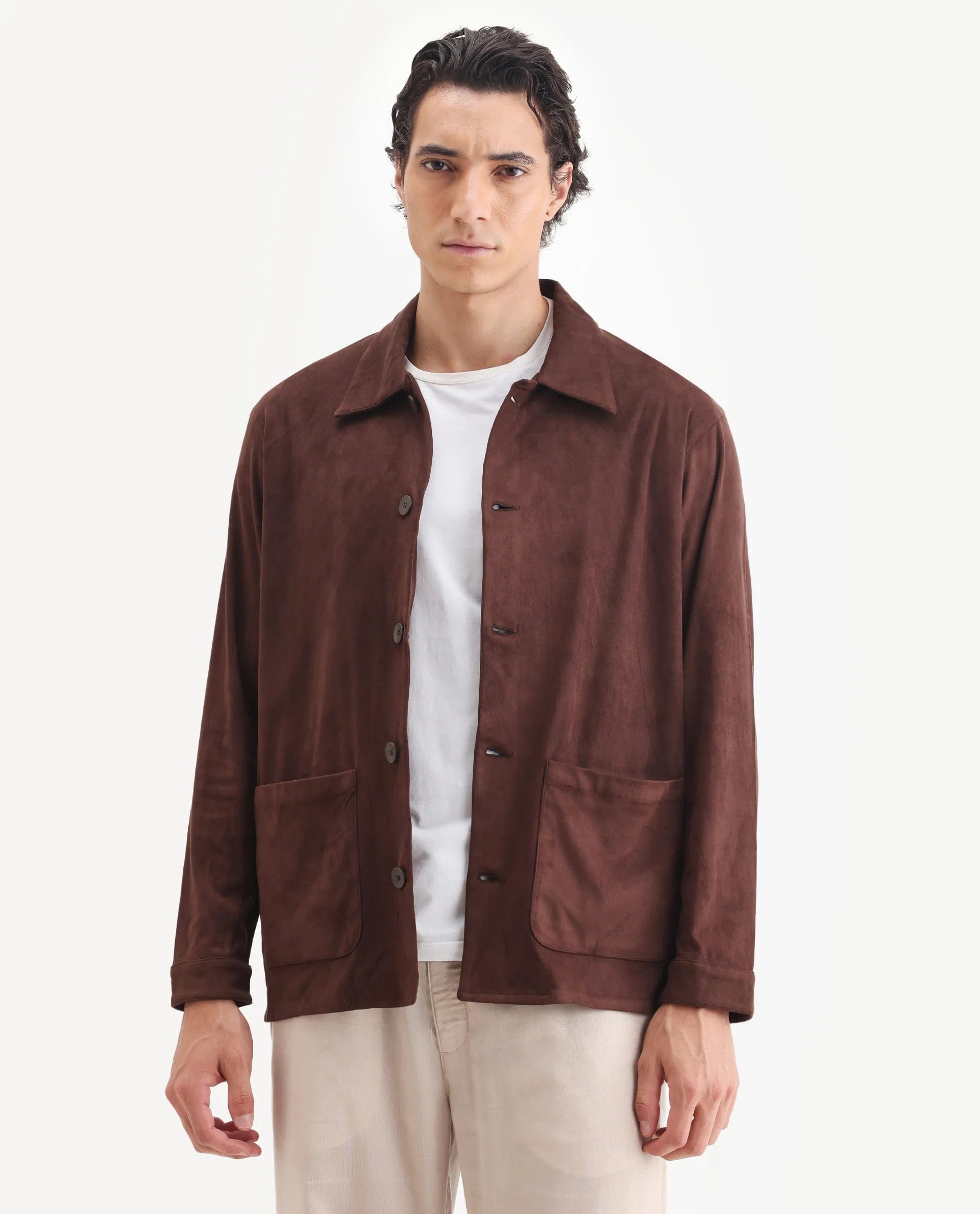RARE Rabbit Men's Bran Brown Polyester Blend Fabric Collared Neck Regular Fit Plain Jacket
