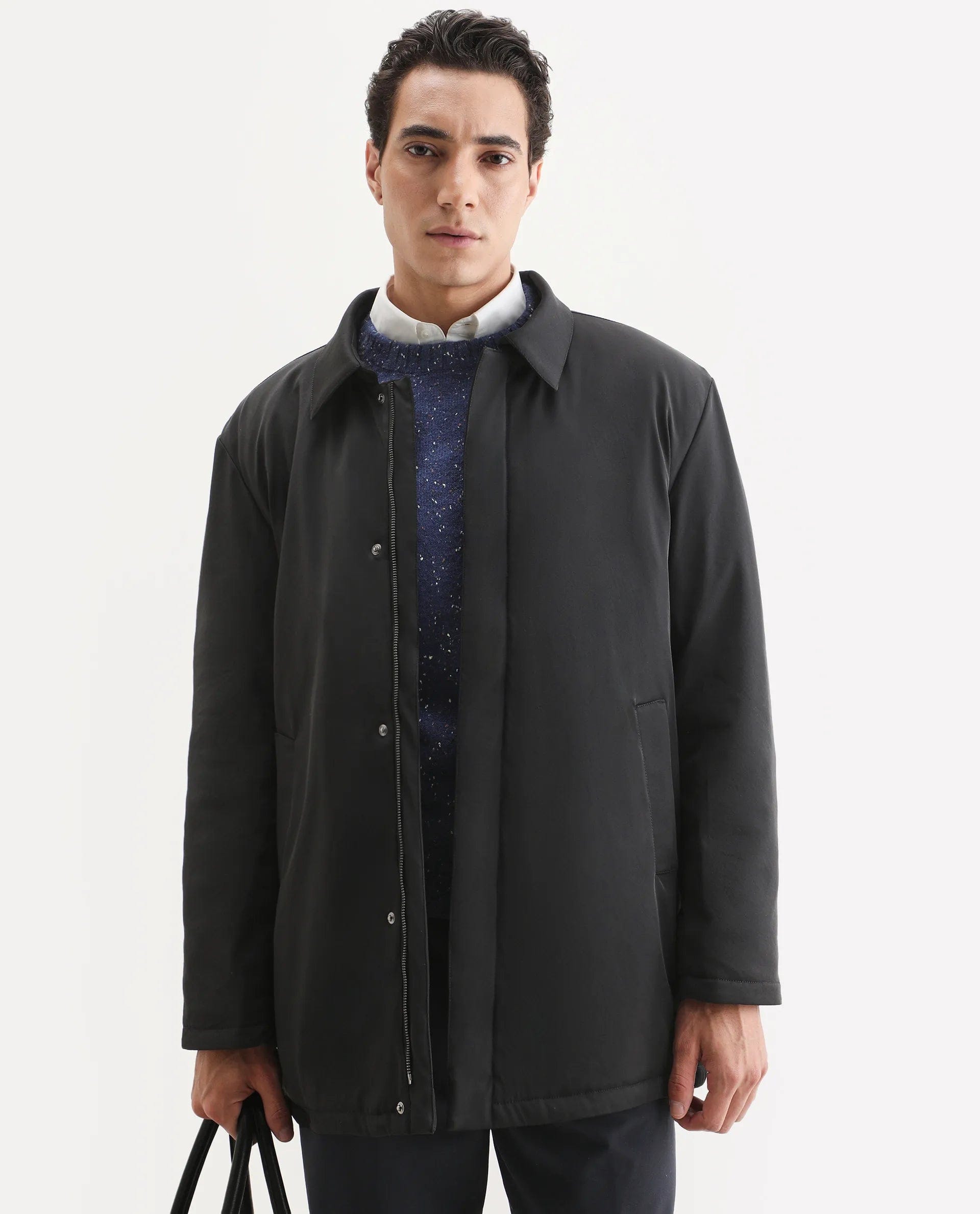 RARE Rabbit Men's Liem Black Nylon Blend Fabric Collared Neck Regular Fit Plain Coat
