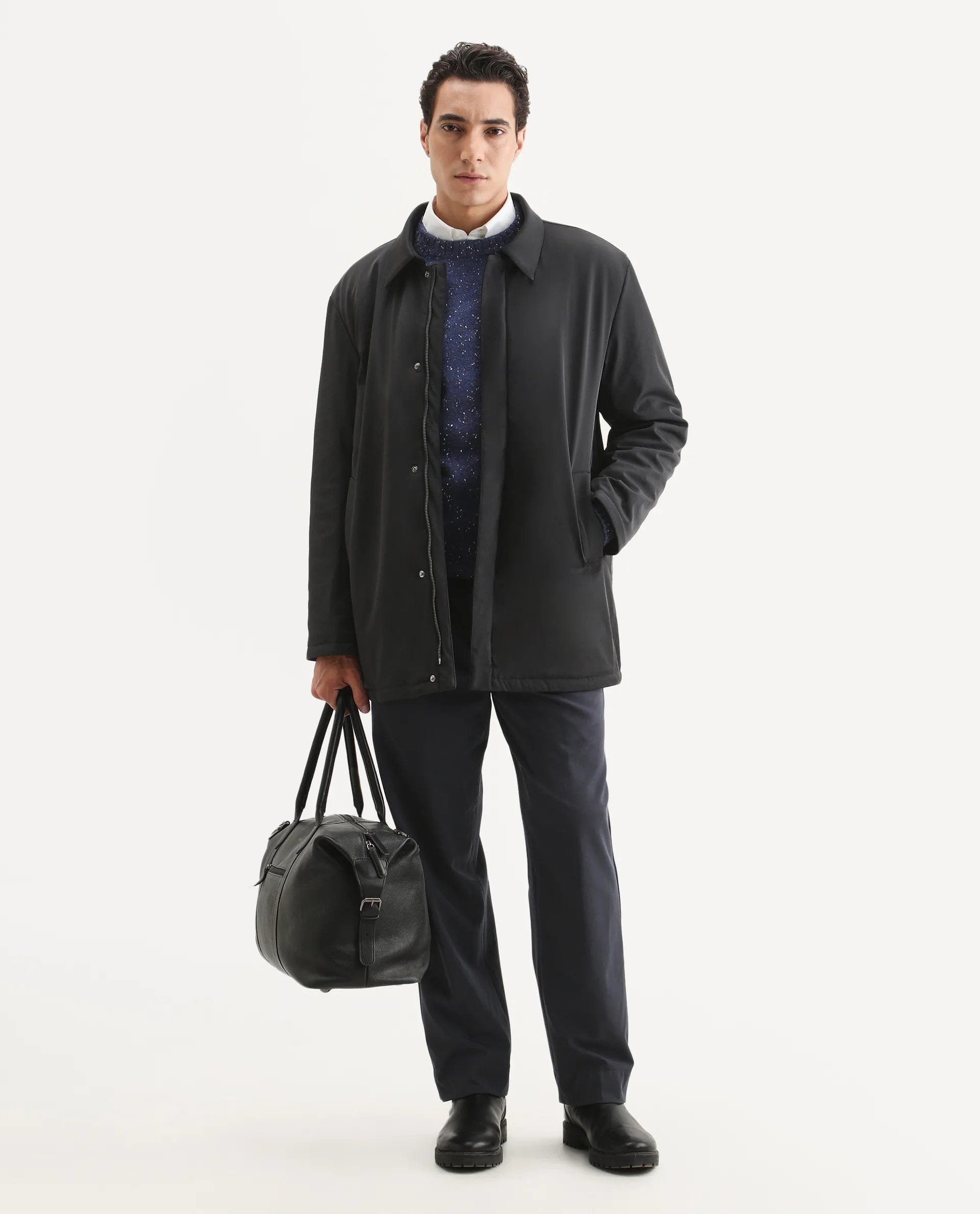 RARE Rabbit Men's Liem Black Nylon Blend Fabric Collared Neck Regular Fit Plain Coat