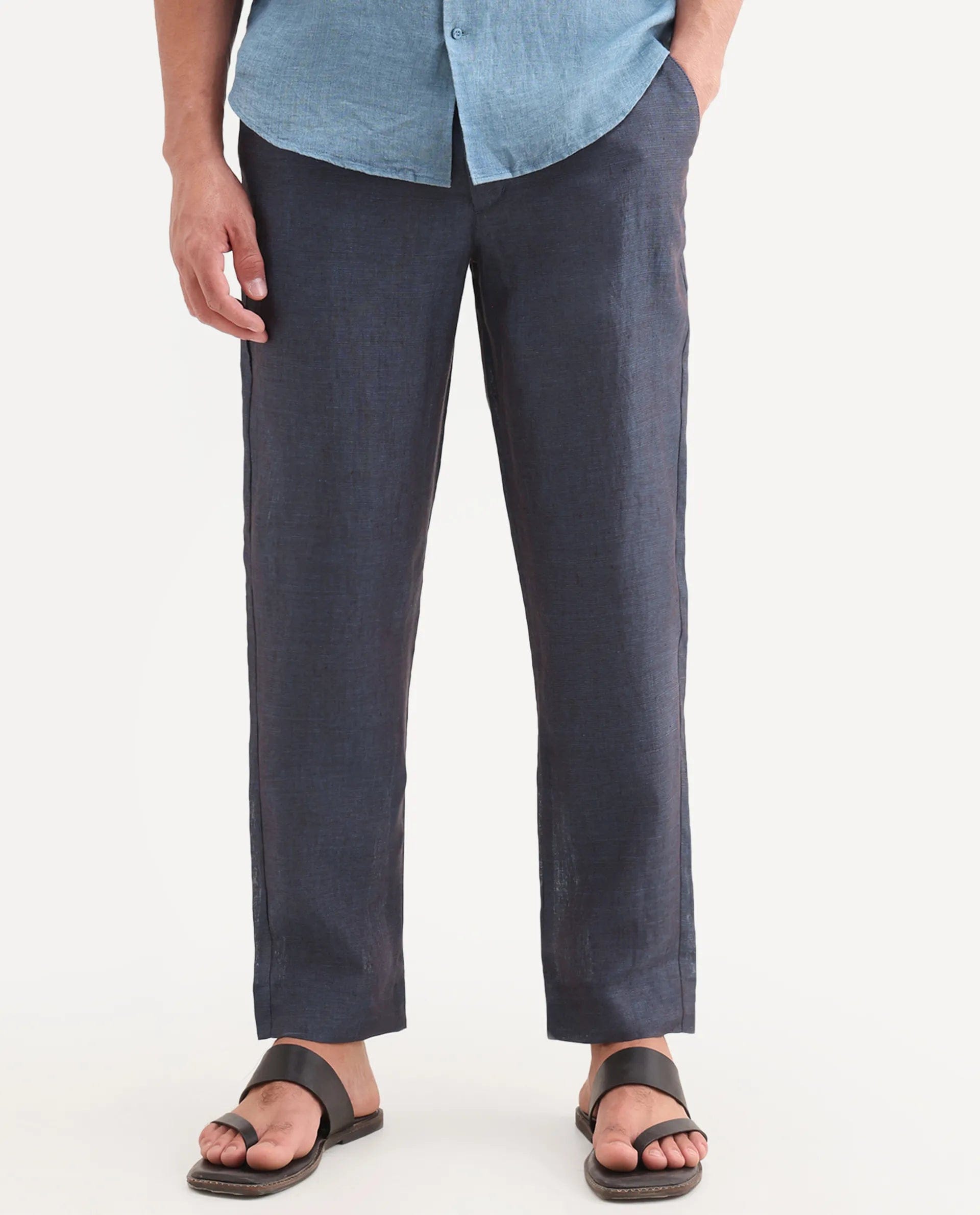 RARE Rabbit Men's Borium - T Dark Blue Linen Fabric Regular Fit Plain Trouser
