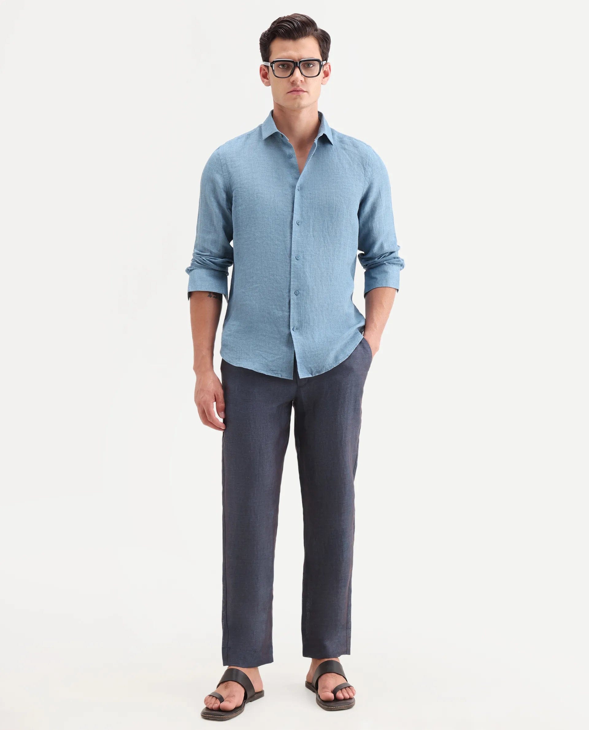 RARE Rabbit Men's Borium - T Dark Blue Linen Fabric Regular Fit Plain Trouser