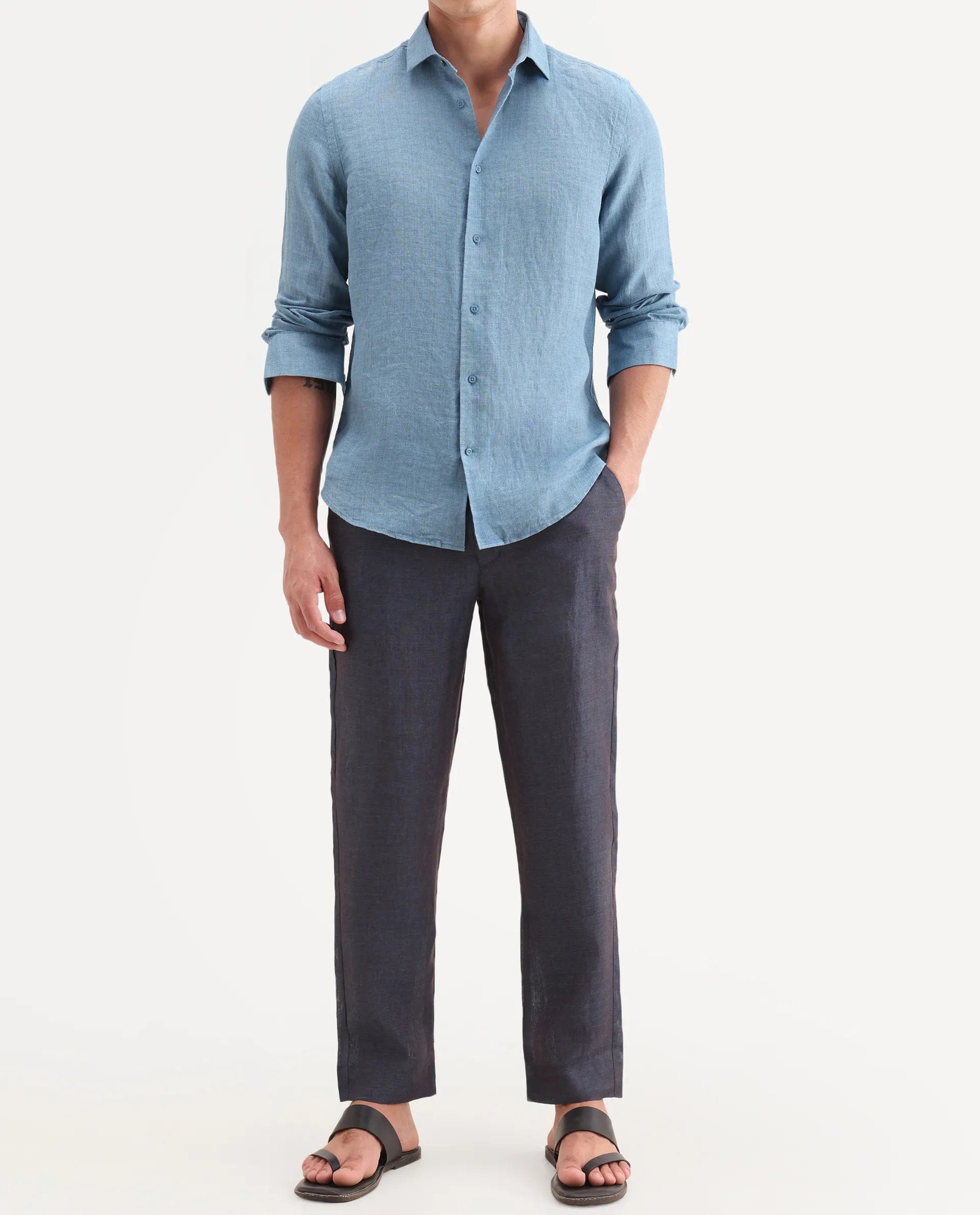 RARE Rabbit Men's Borium - T Dark Blue Linen Fabric Regular Fit Plain Trouser