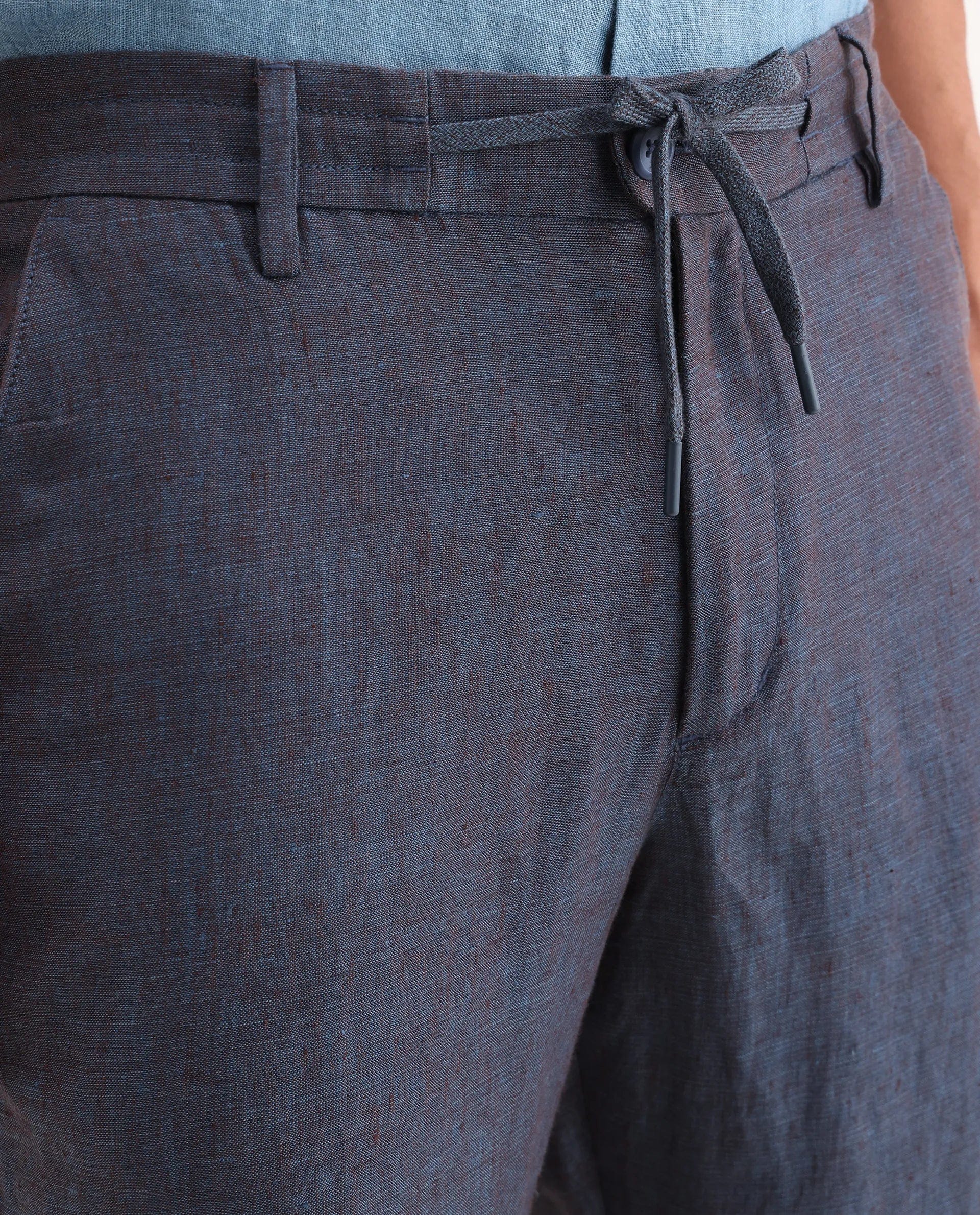 RARE Rabbit Men's Borium - T Dark Blue Linen Fabric Regular Fit Plain Trouser