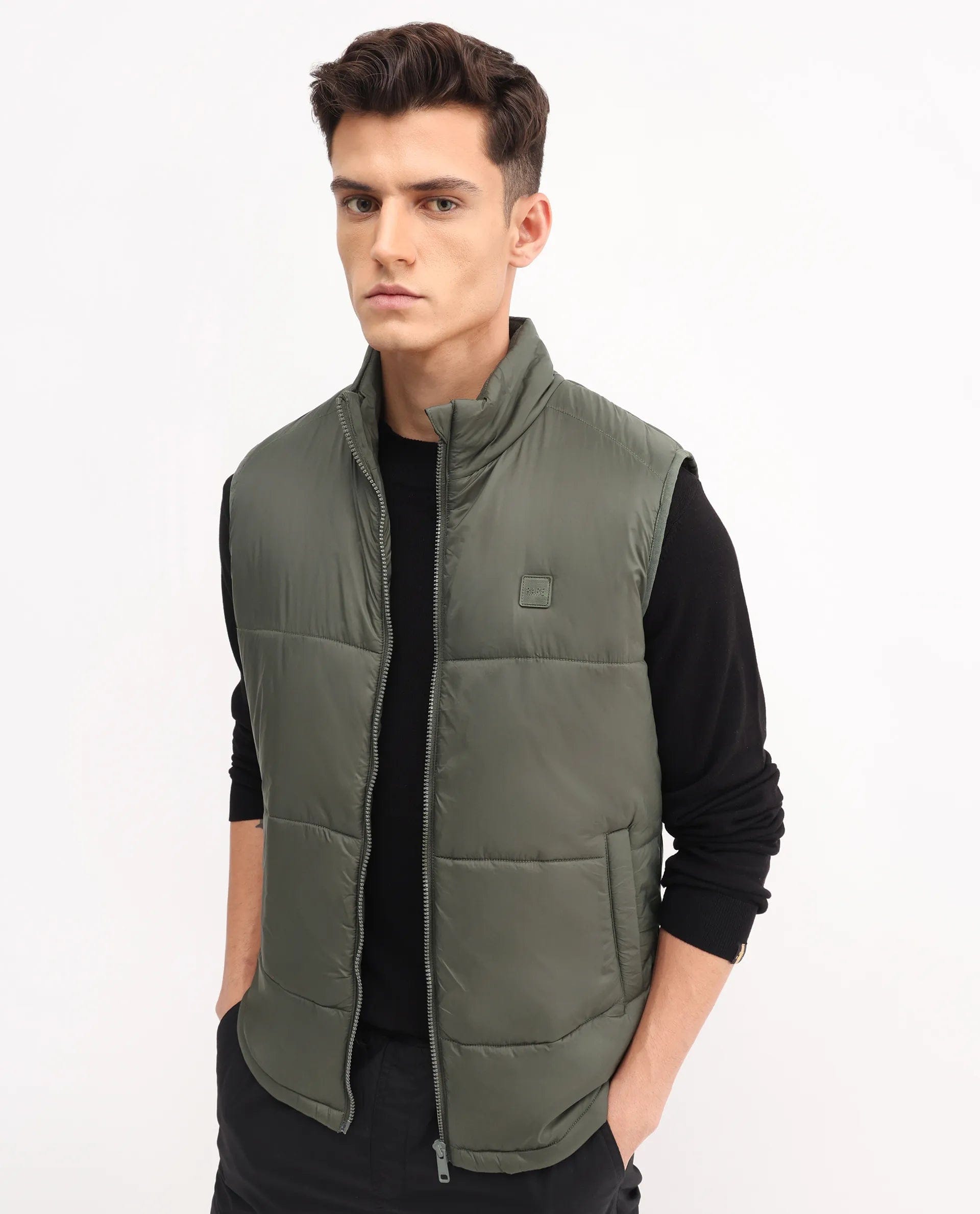 RARE Rabbit Men's Berry - 25 Olive Polyester Plain Regular Fit Sleeveless High Neck Jacket