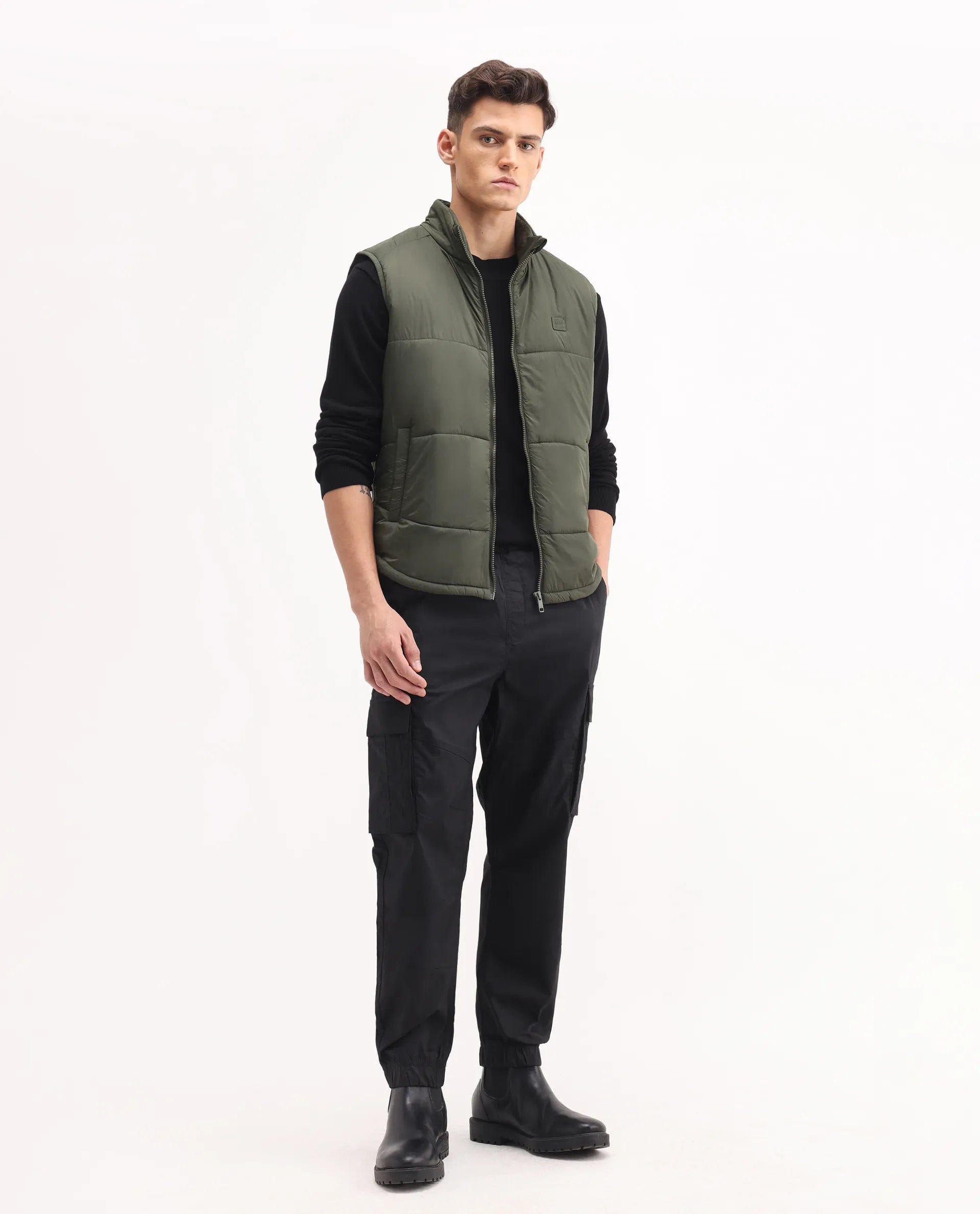 RARE Rabbit Men's Berry - 25 Olive Polyester Plain Regular Fit Sleeveless High Neck Jacket