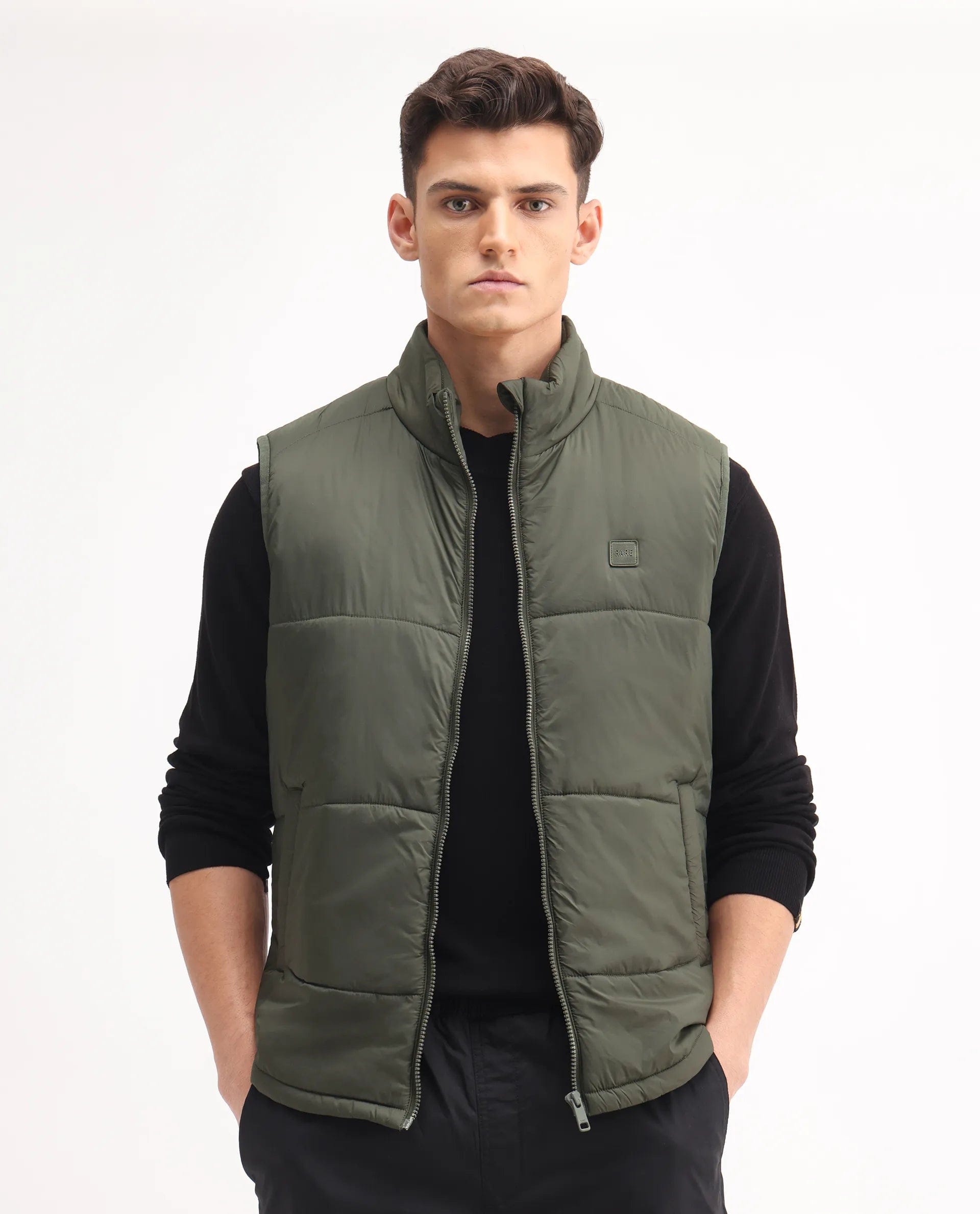 RARE Rabbit Men's Berry - 25 Olive Polyester Plain Regular Fit Sleeveless High Neck Jacket