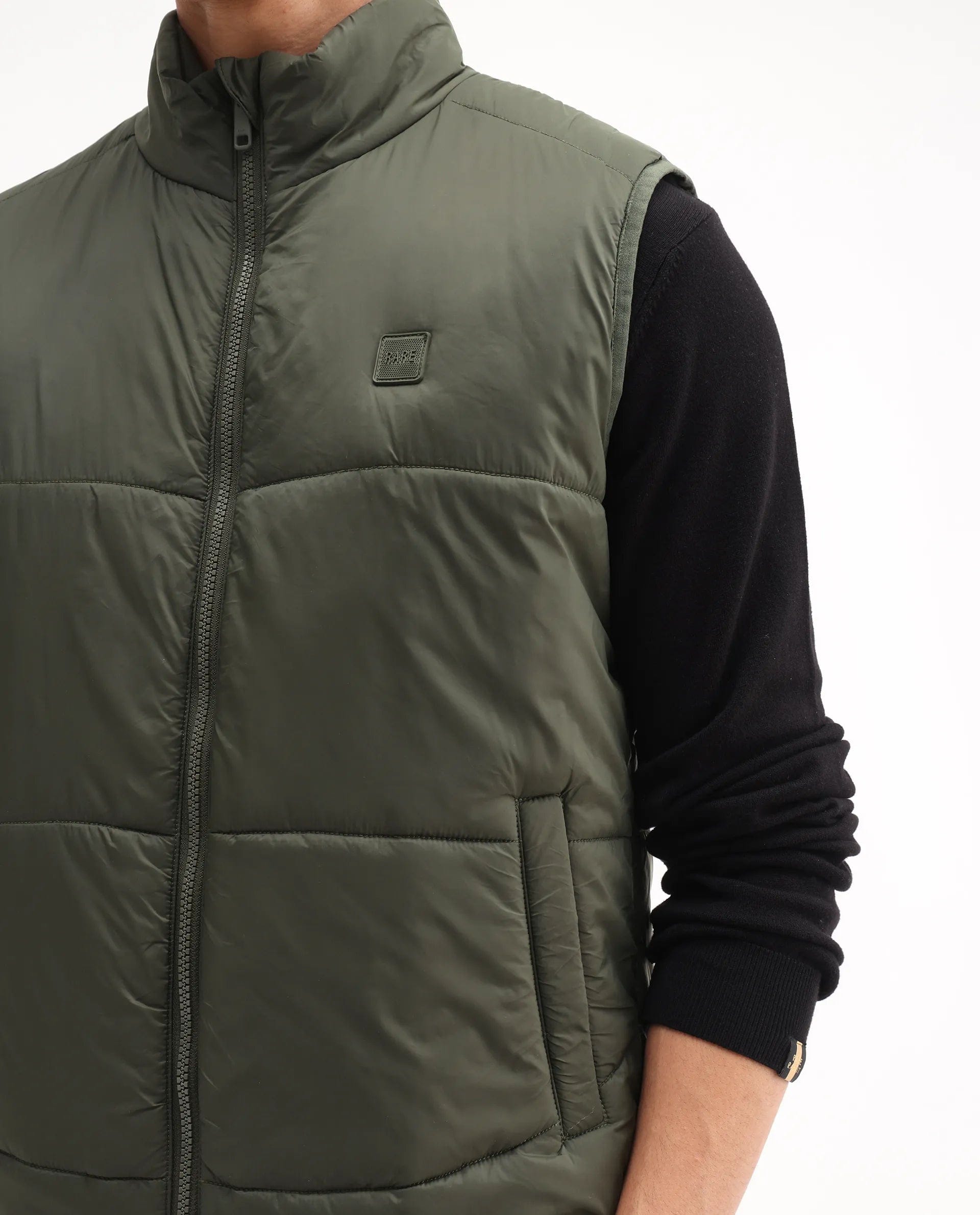RARE Rabbit Men's Berry - 25 Olive Polyester Plain Regular Fit Sleeveless High Neck Jacket