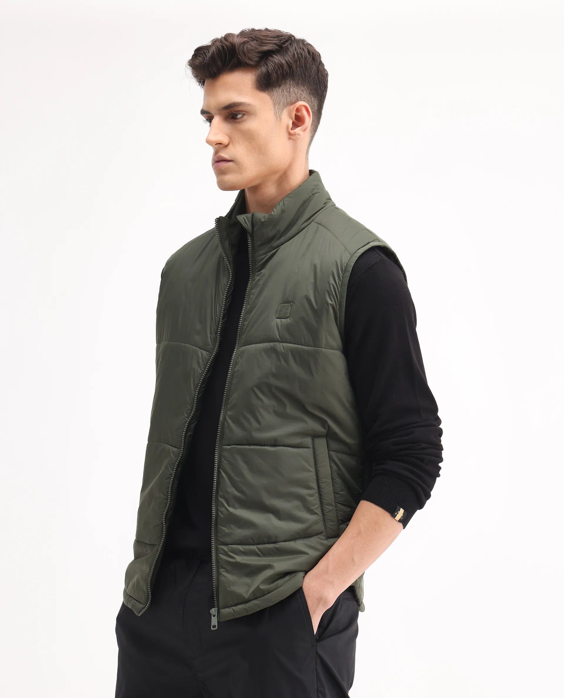 RARE Rabbit Men's Berry - 25 Olive Polyester Plain Regular Fit Sleeveless High Neck Jacket