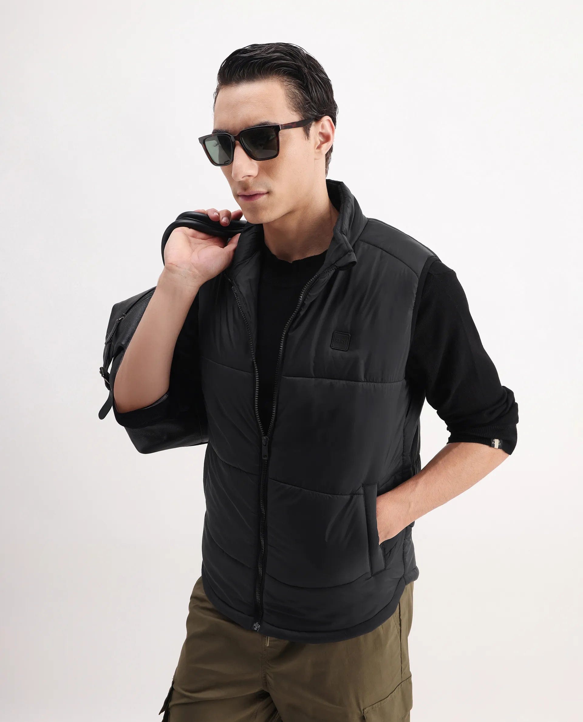 RARE Rabbit Men's Berry - 25 Black Polyester Plain Regular Fit Sleeveless High Neck Jacket
