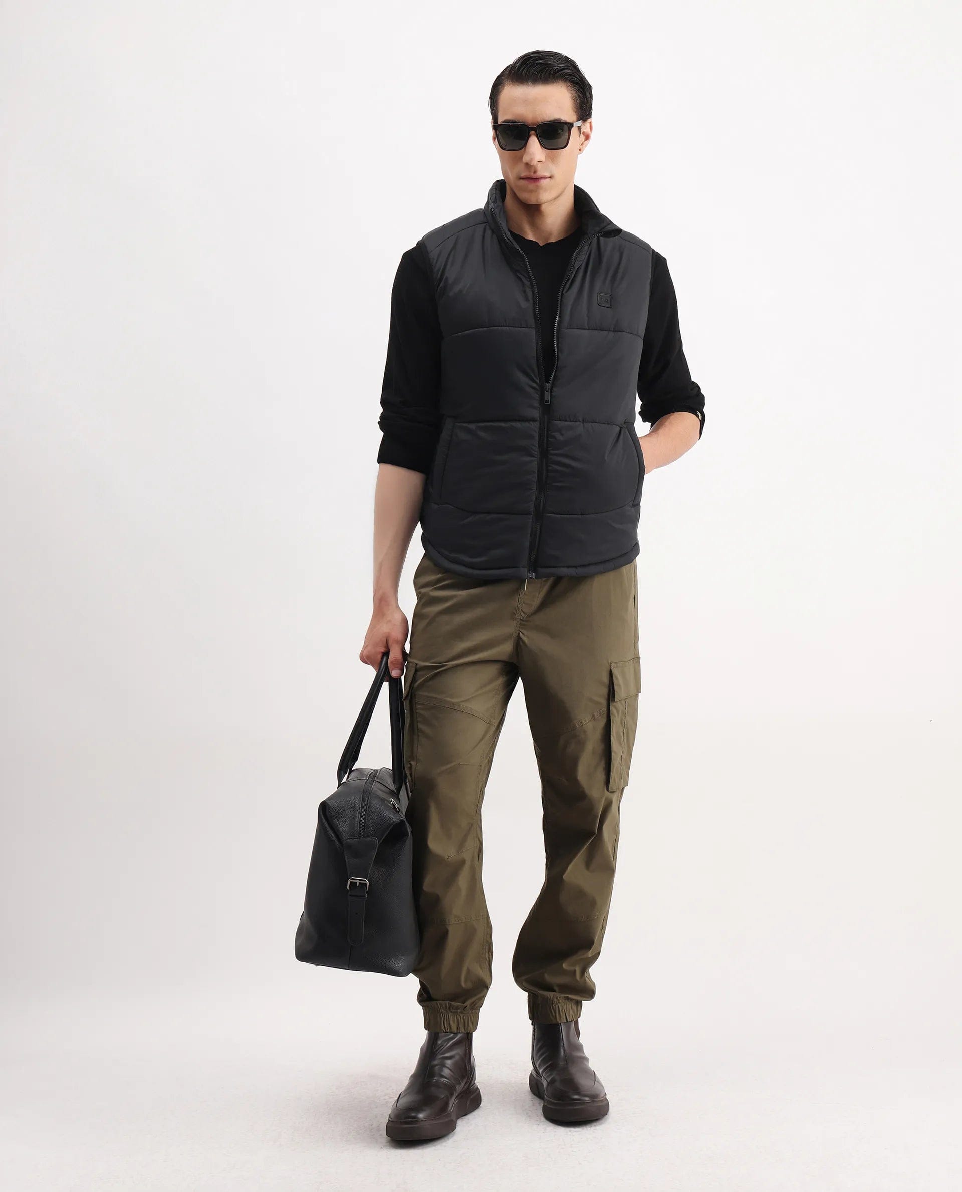 RARE Rabbit Men's Berry - 25 Black Polyester Plain Regular Fit Sleeveless High Neck Jacket