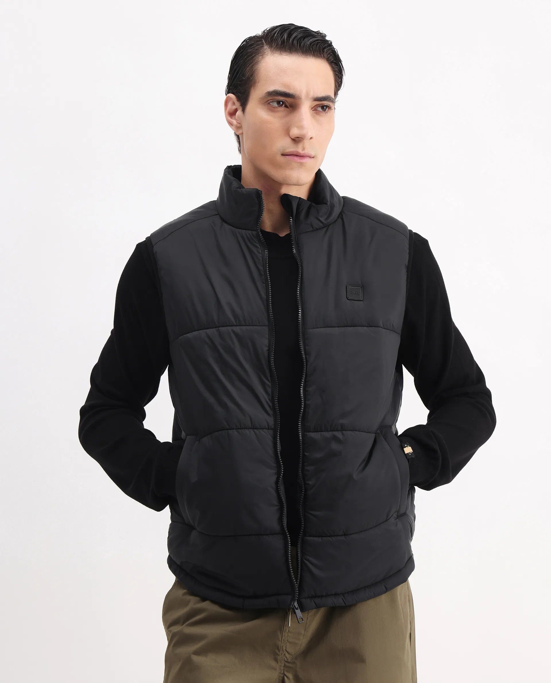 RARE Rabbit Men's Berry - 25 Black Polyester Plain Regular Fit Sleeveless High Neck Jacket