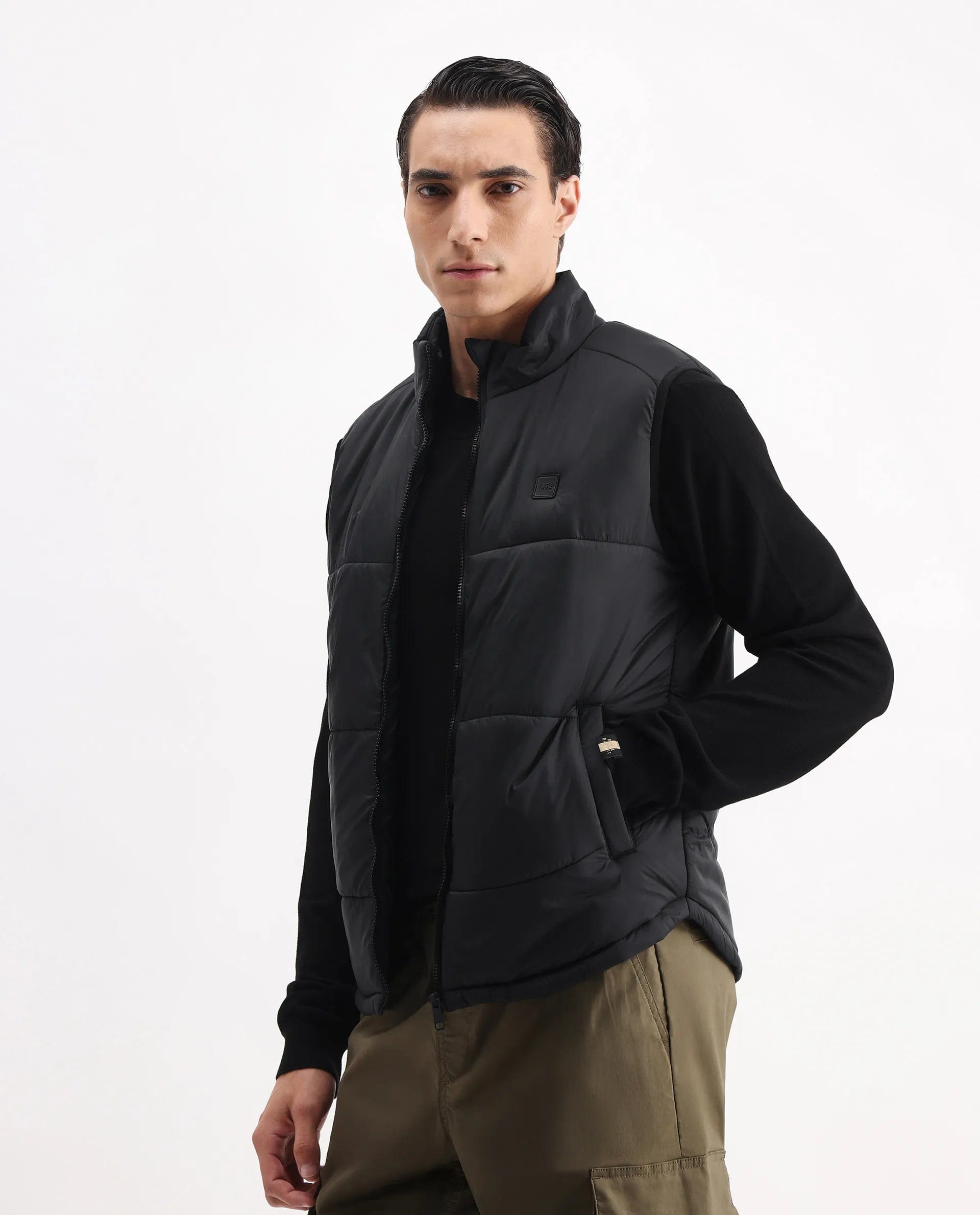 RARE Rabbit Men's Berry - 25 Black Polyester Plain Regular Fit Sleeveless High Neck Jacket