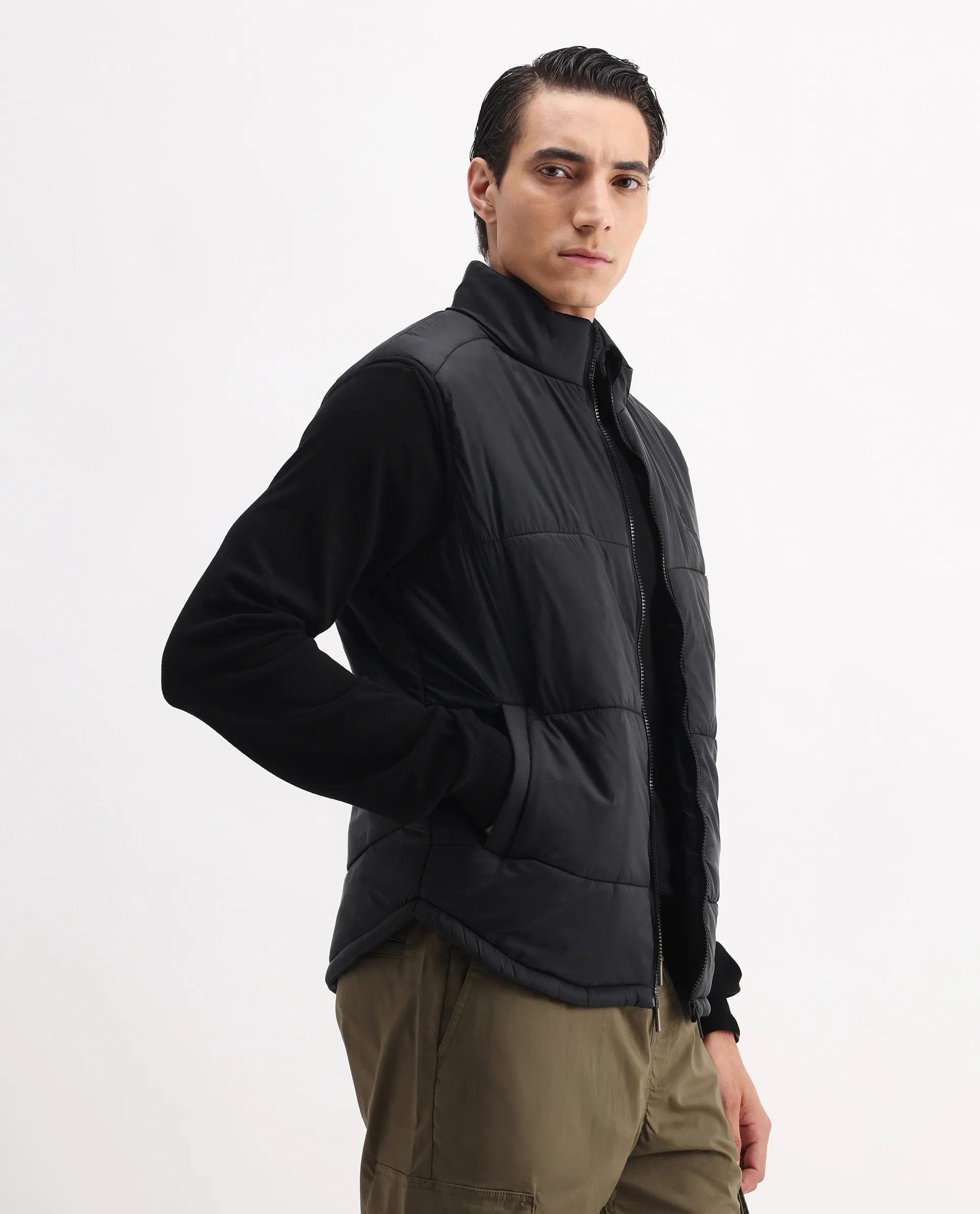 RARE Rabbit Men's Berry - 25 Black Polyester Plain Regular Fit Sleeveless High Neck Jacket