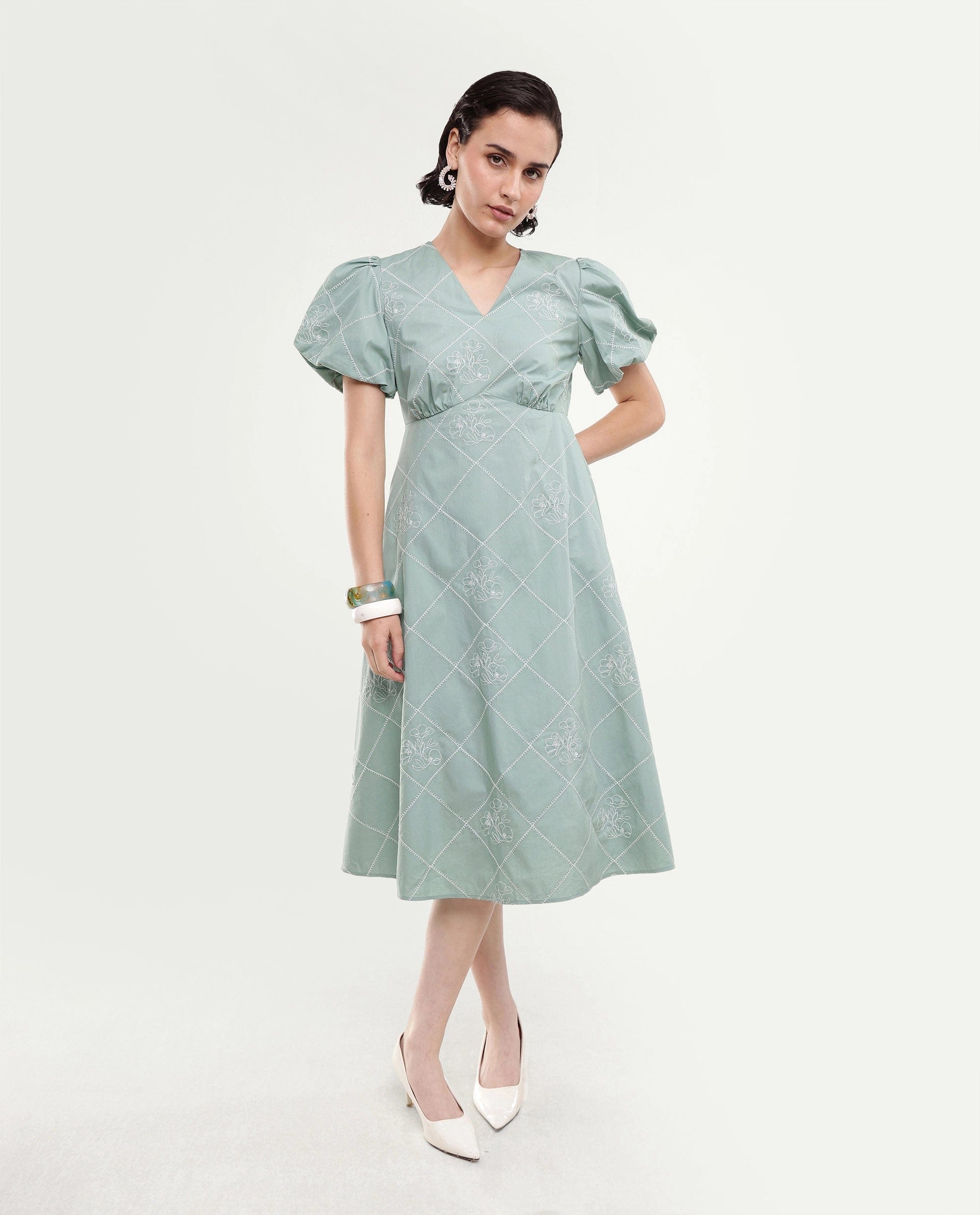 Rareism Women's Haxa Dusky Green Cotton Half Sleeve V - Neck Fit And Flare Plain Dress