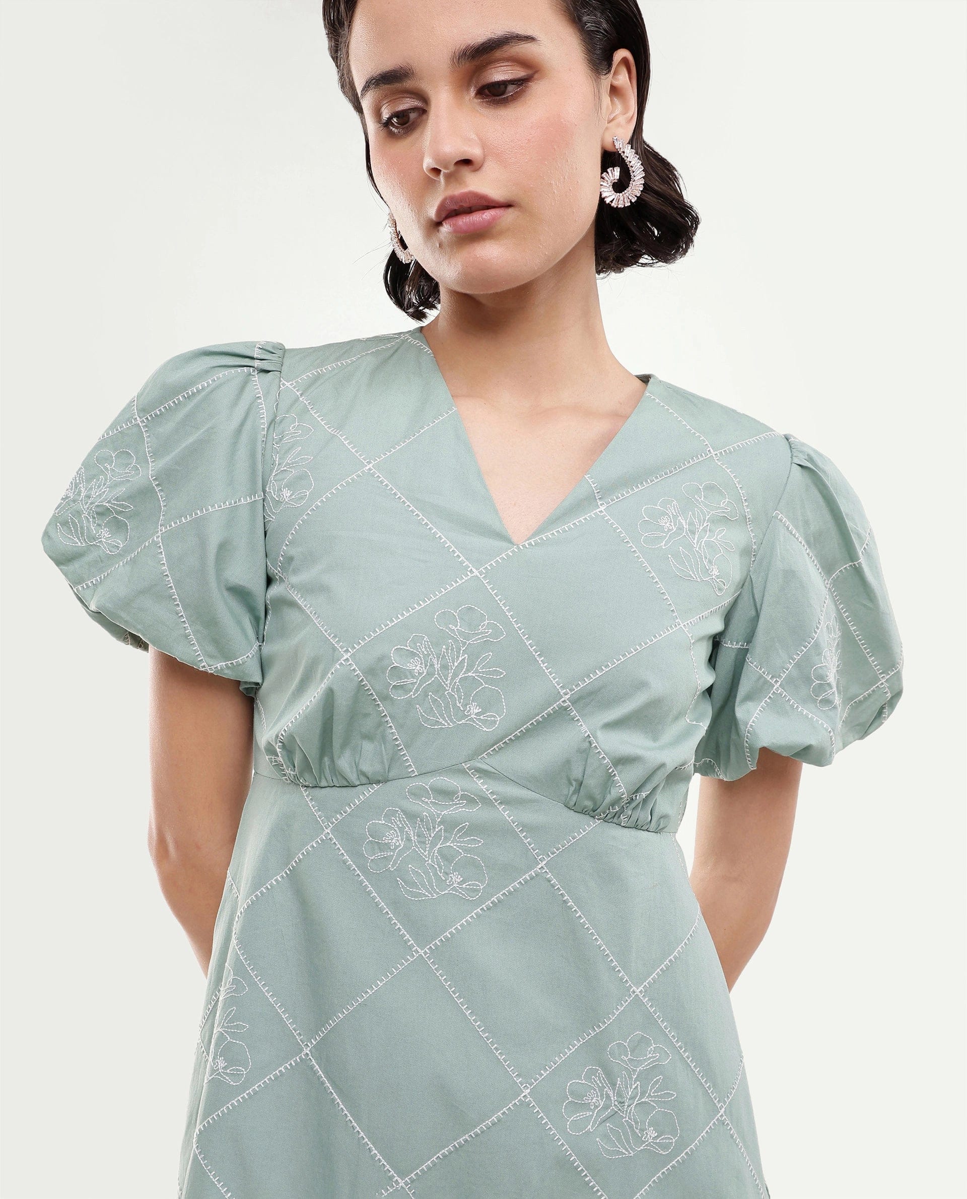 Rareism Women's Haxa Dusky Green Cotton Half Sleeve V - Neck Fit And Flare Plain Dress
