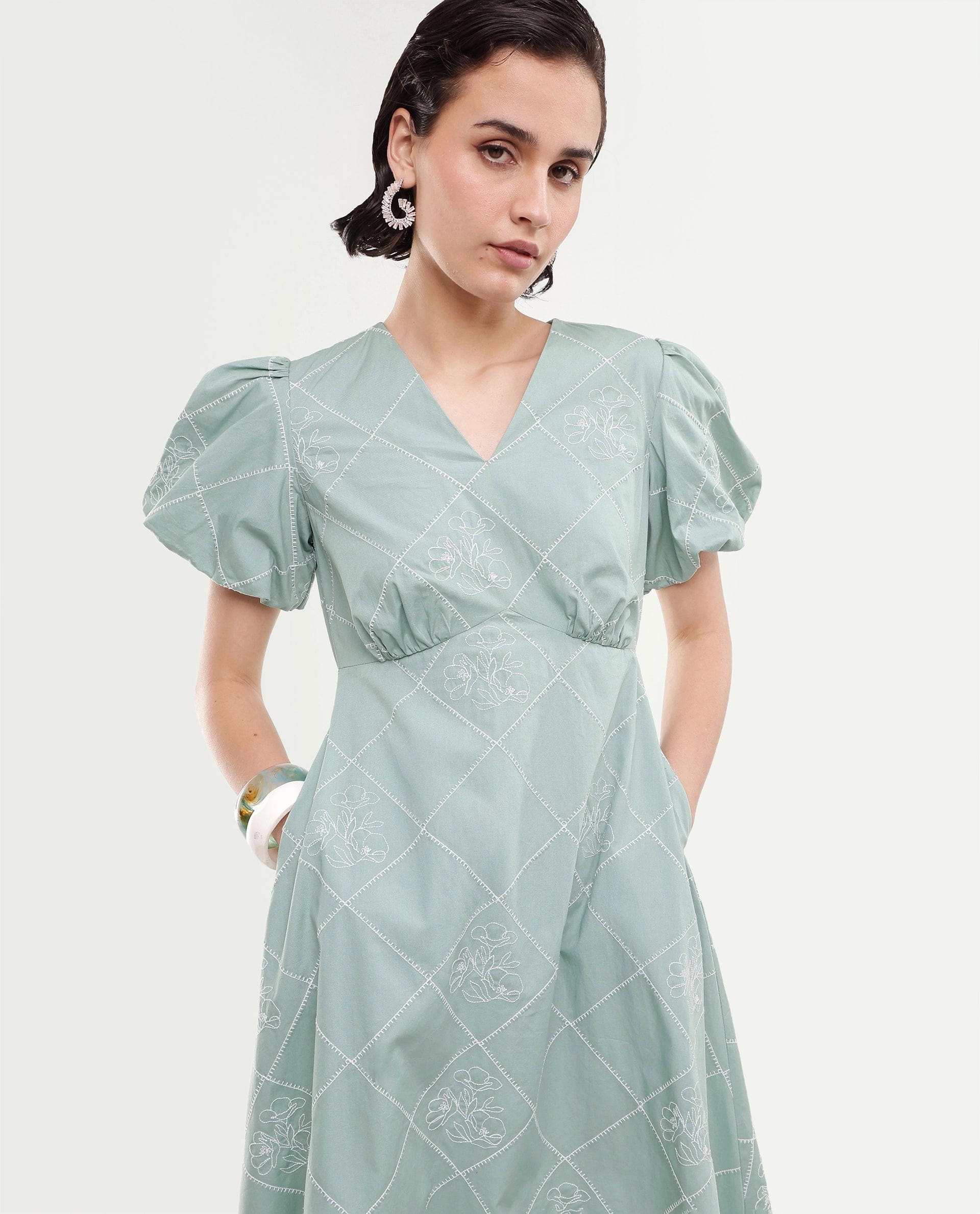 Rareism Women's Haxa Dusky Green Cotton Half Sleeve V - Neck Fit And Flare Plain Dress