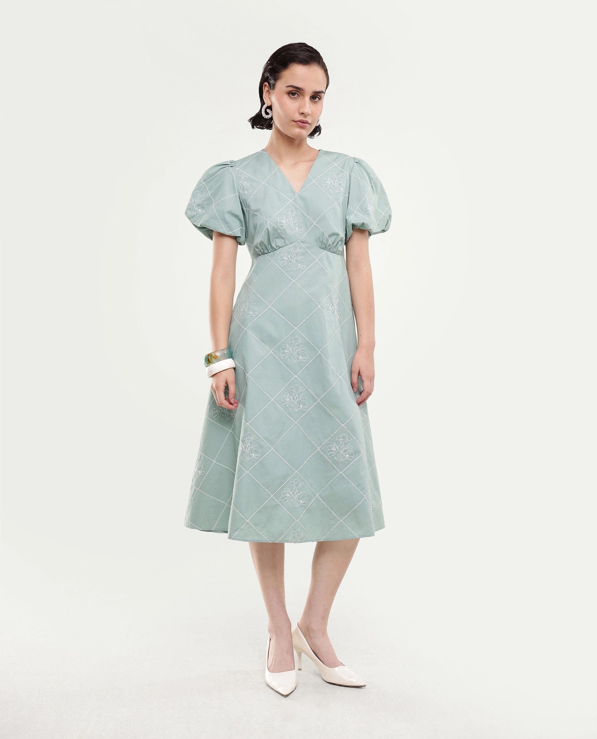 Rareism Women's Haxa Dusky Green Cotton Half Sleeve V - Neck Fit And Flare Plain Dress