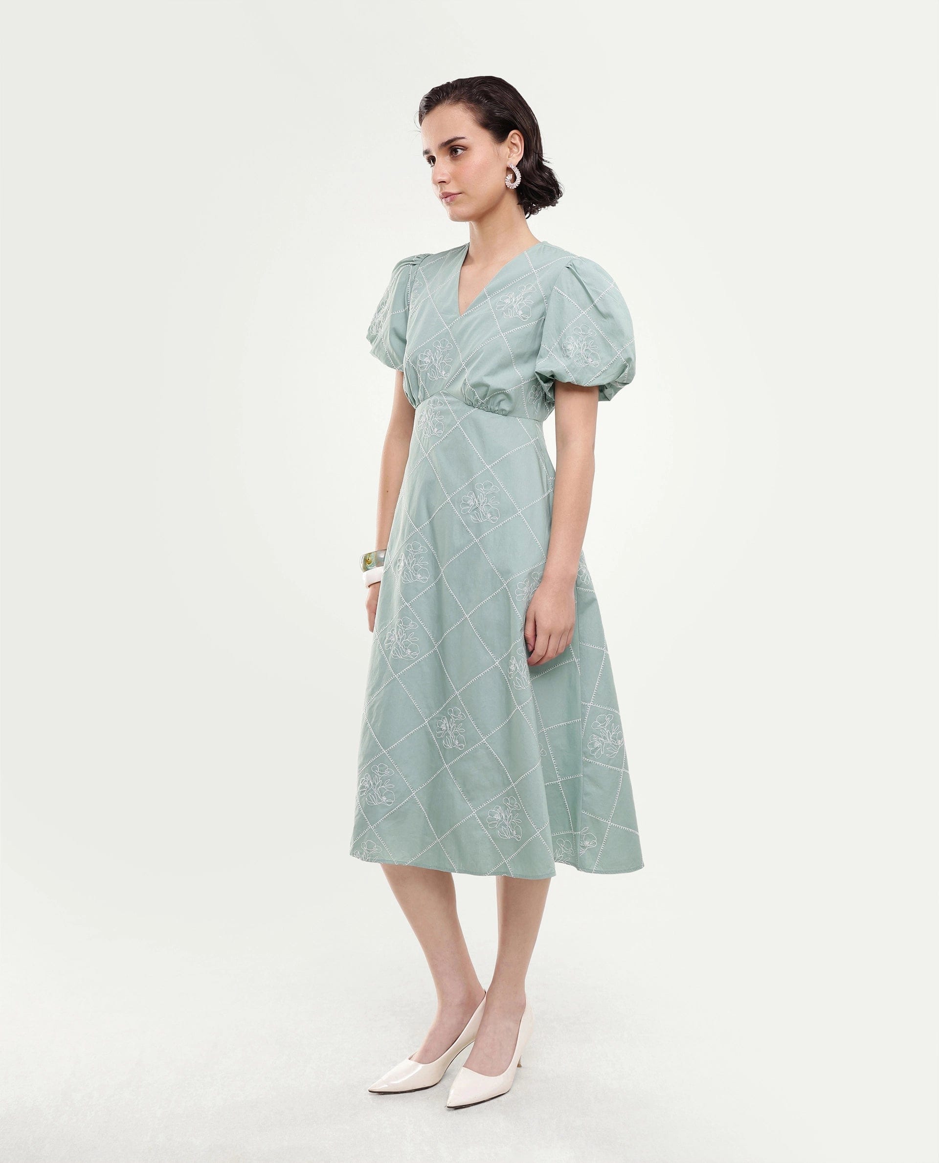 Rareism Women's Haxa Dusky Green Cotton Half Sleeve V - Neck Fit And Flare Plain Dress