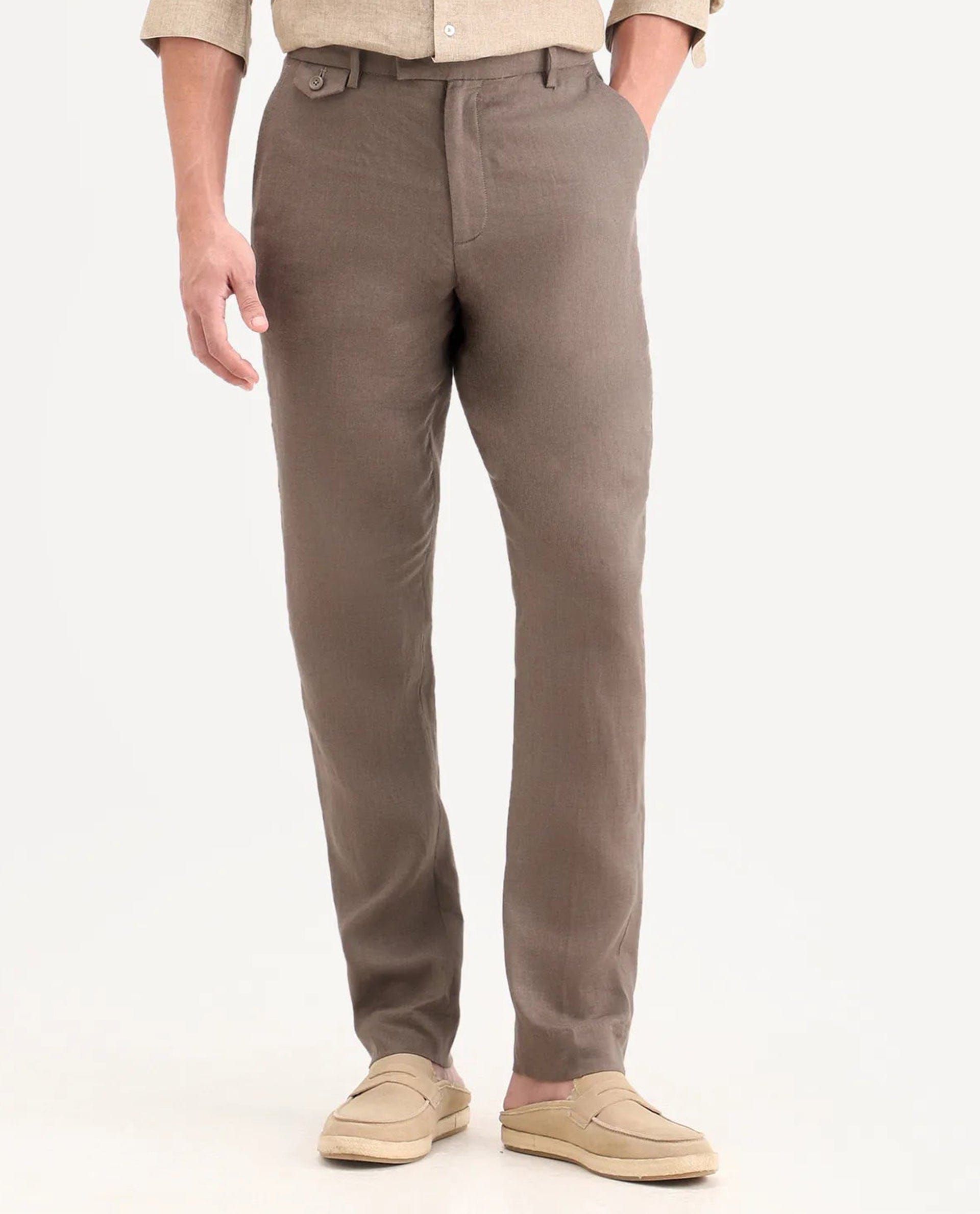 RARE Rabbit Men's Arcelo - Ss26 Light Brown 100% Linen Fabric Regular Fit Plain Trouser