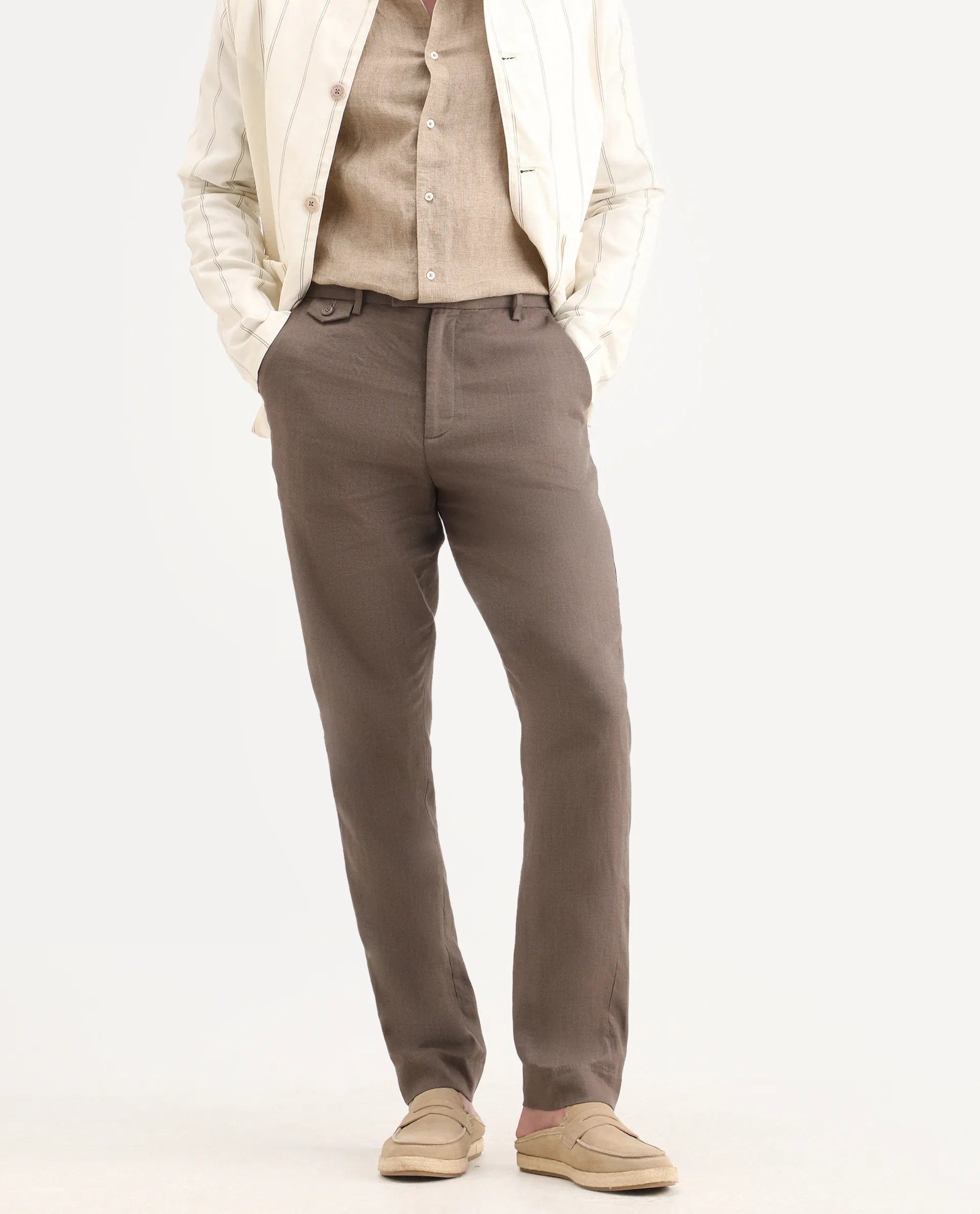 RARE Rabbit Men's Arcelo - Ss26 Light Brown 100% Linen Fabric Regular Fit Plain Trouser