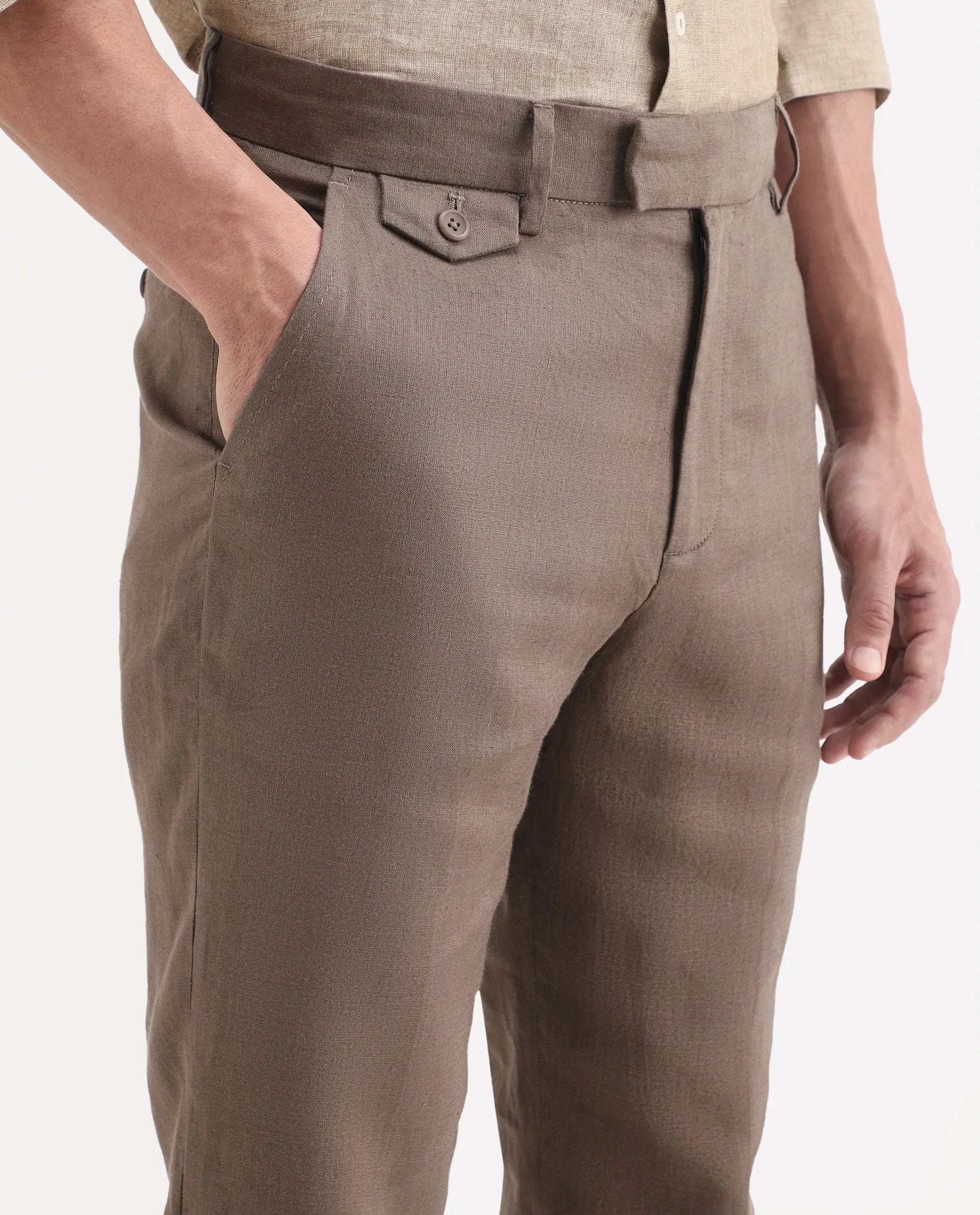 RARE Rabbit Men's Arcelo - Ss26 Light Brown 100% Linen Fabric Regular Fit Plain Trouser