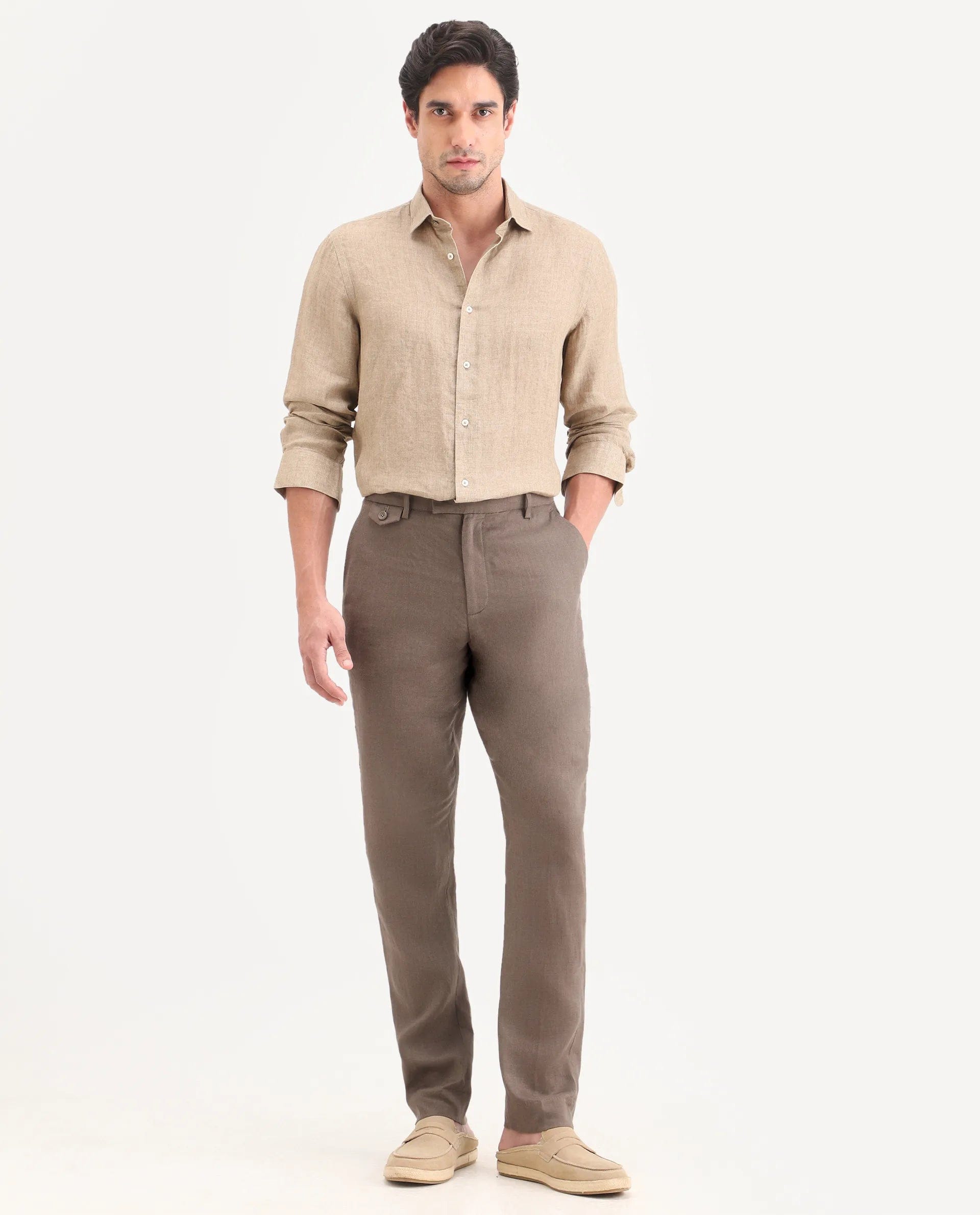 RARE Rabbit Men's Arcelo - Ss26 Light Brown 100% Linen Fabric Regular Fit Plain Trouser