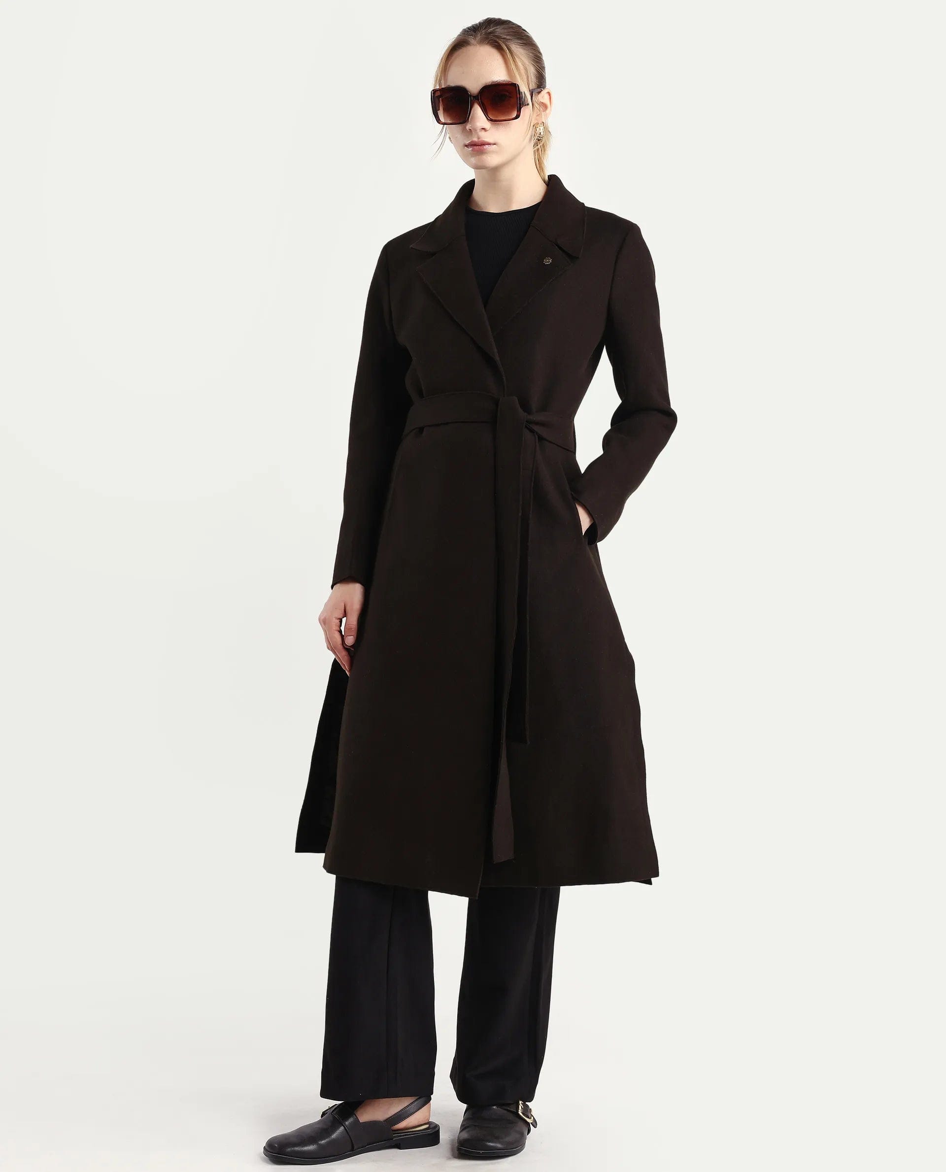 Rareism Women's Gisbory Olive Polyester Blend Lapel Collar Coat Plain Coat
