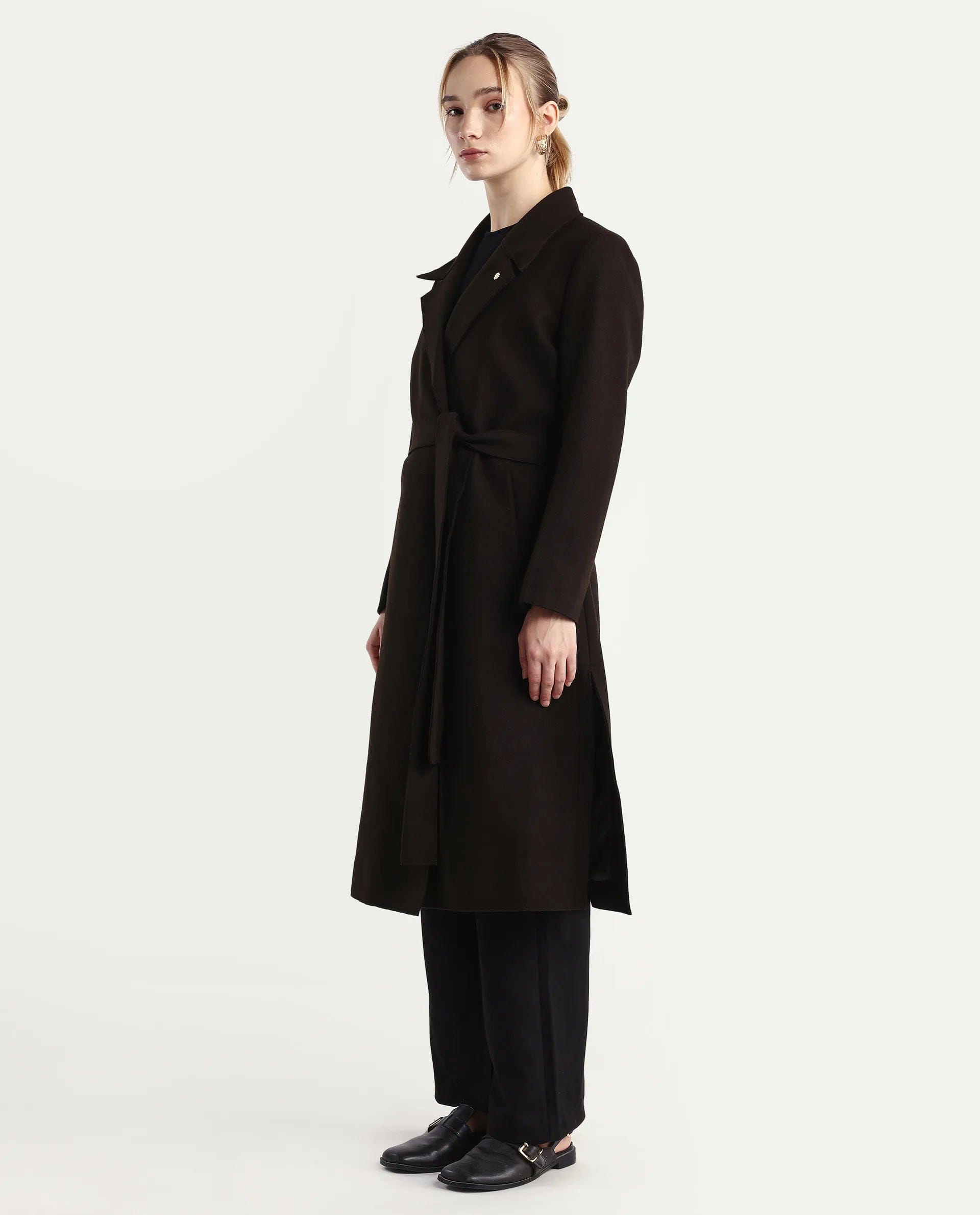Rareism Women's Gisbory Olive Polyester Blend Lapel Collar Coat Plain Coat