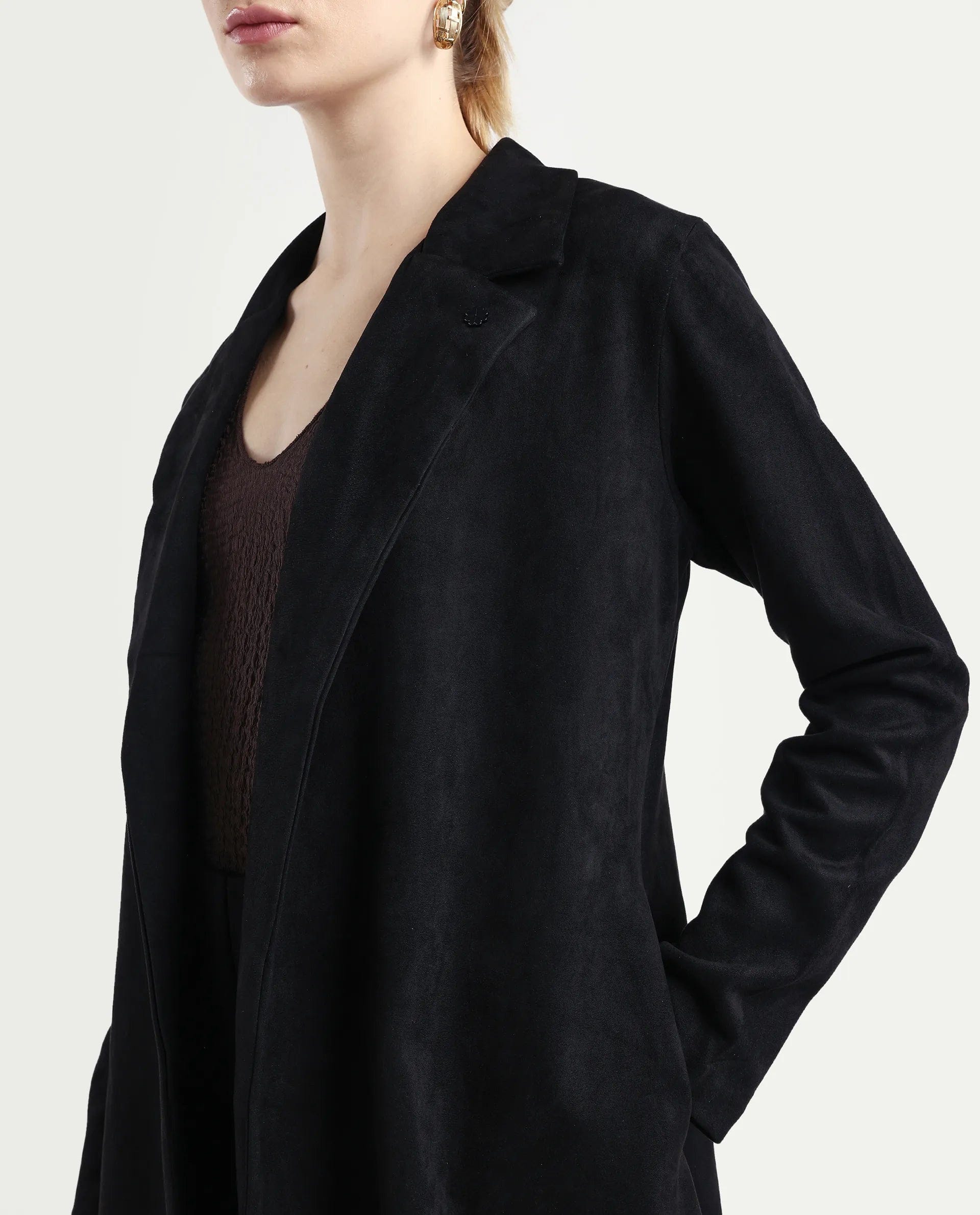 Rareism Women's Nizara Black Polyester Blend Lapel Neck Regular Fit Coat