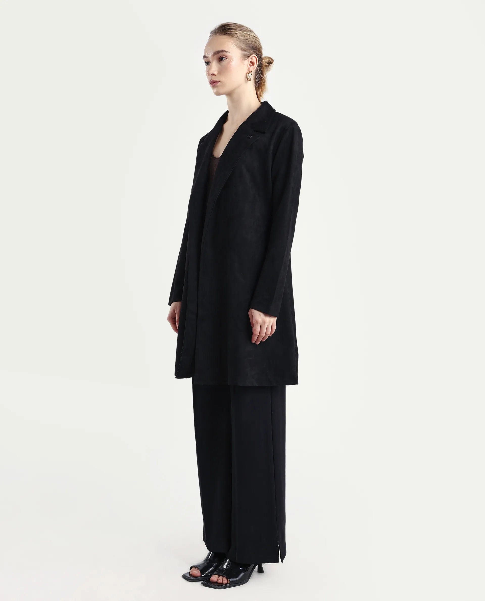 Rareism Women's Nizara Black Polyester Blend Lapel Neck Regular Fit Coat
