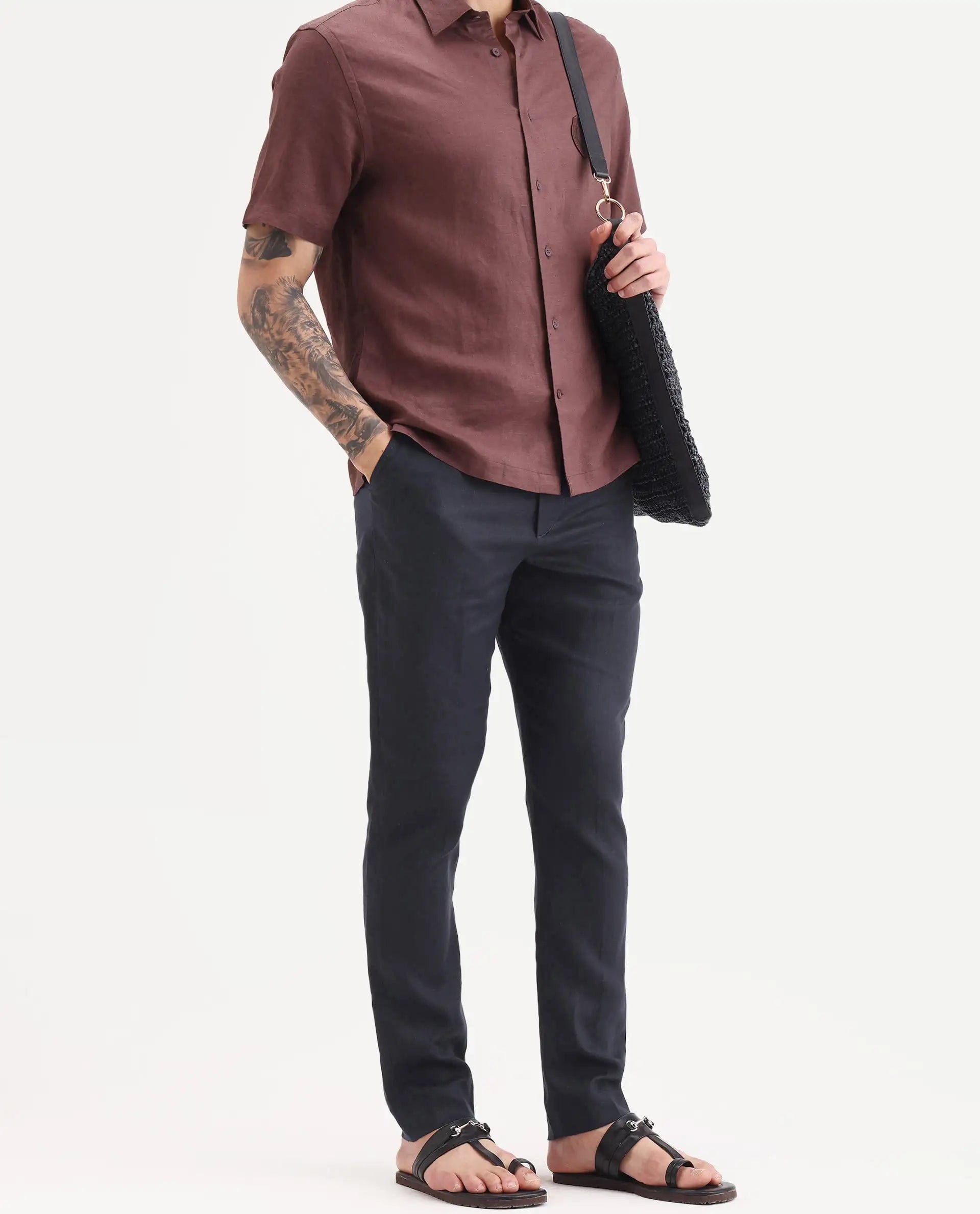 RARE Rabbit Men's Arcelo - Ss26 Dark Navy 100% Linen Fabric Regular Fit Plain Trouser